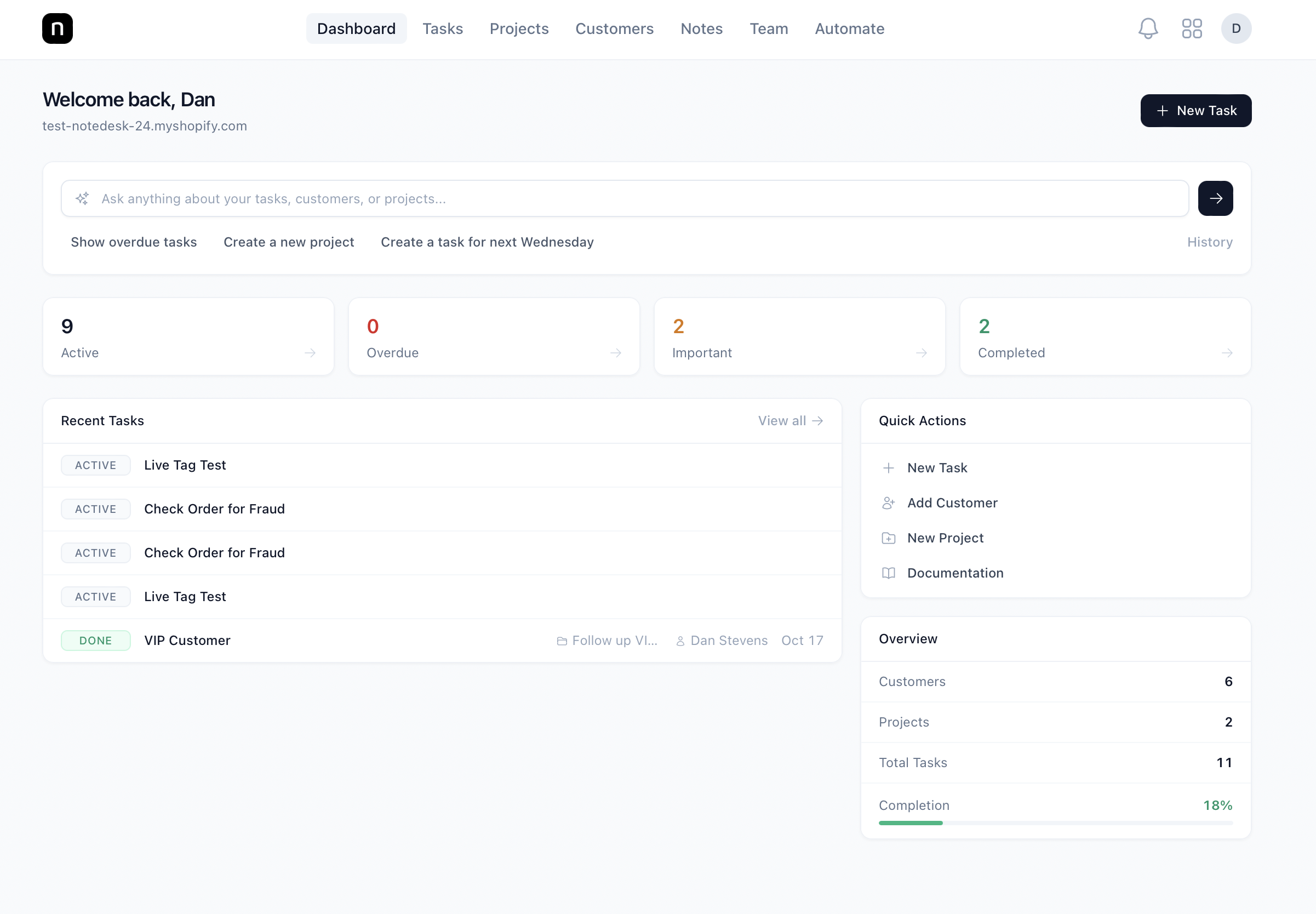 NoteDesk Shopify CRM Dashboard