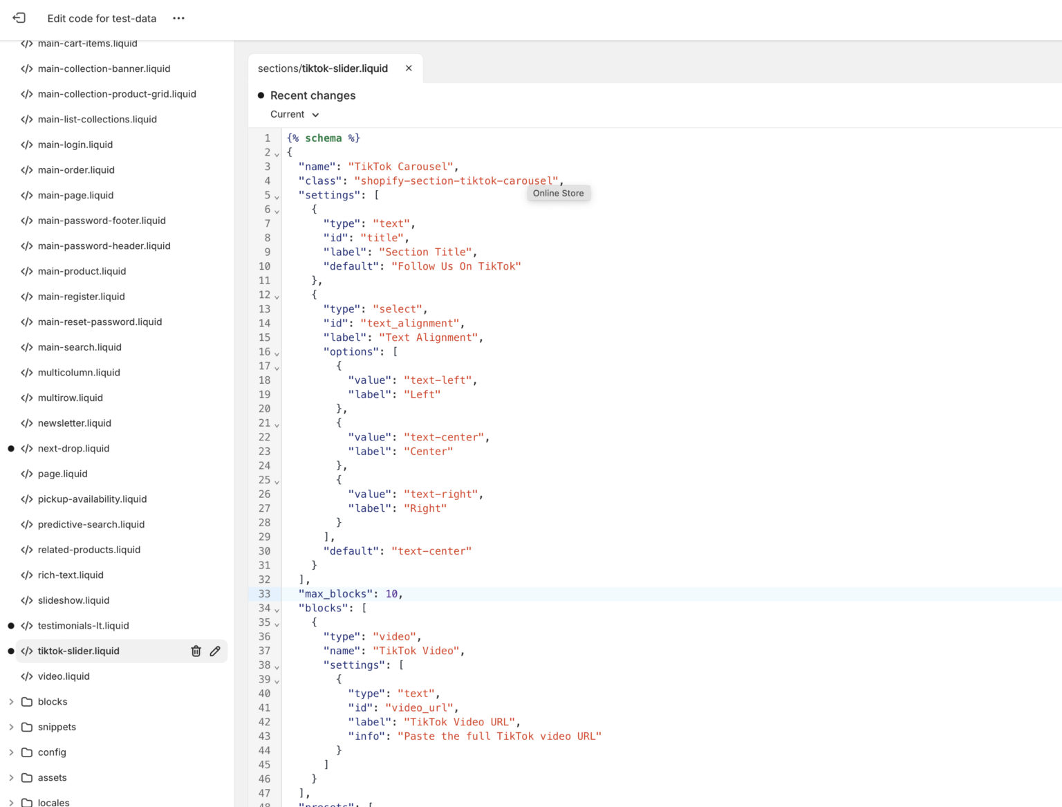 TikTok carousel code in Shopify theme editor