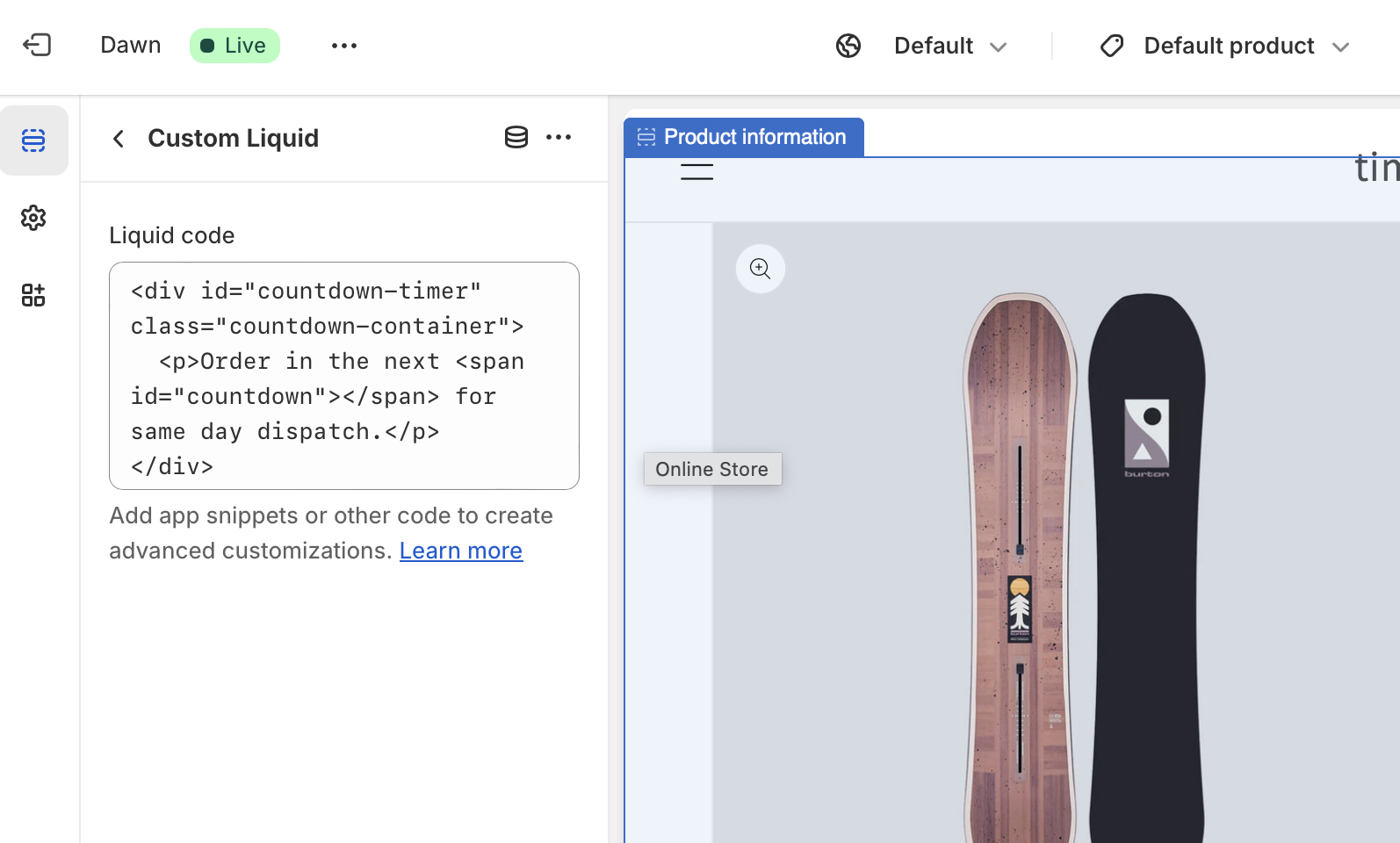 Adding the Liquid code in theme customizer