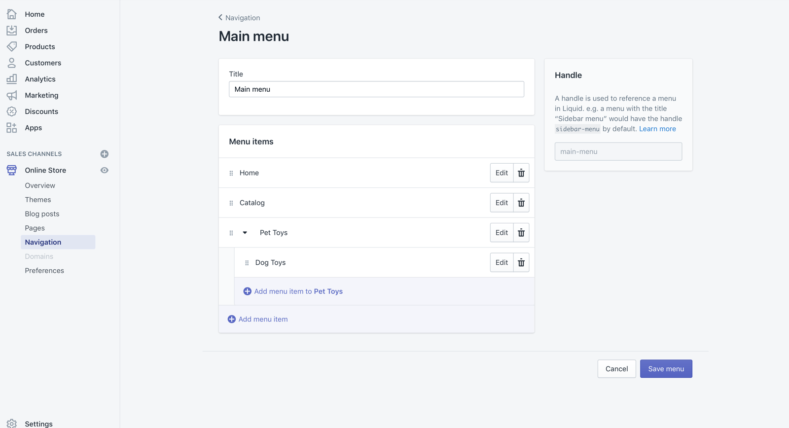Ordering your Shopify Menu navigation