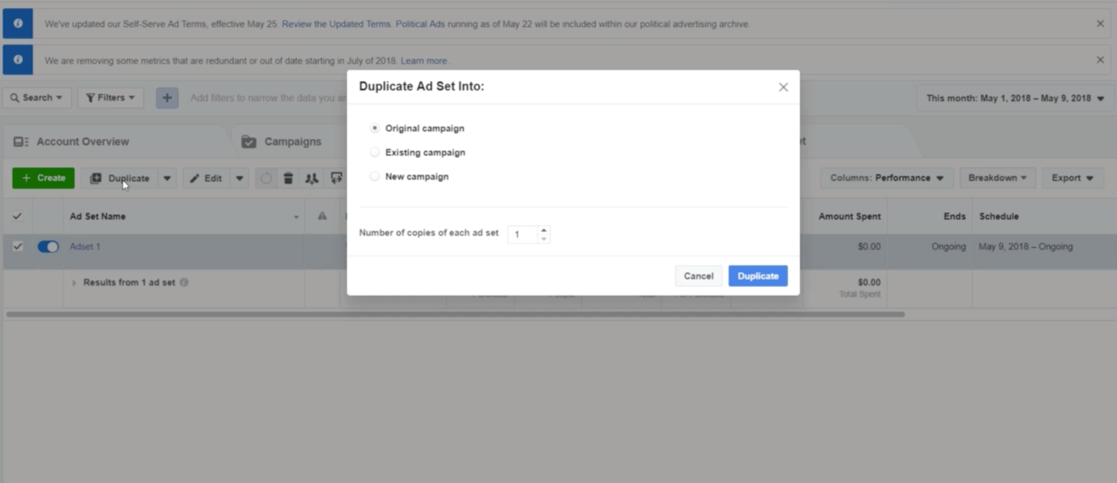 duplicating an Ad Set