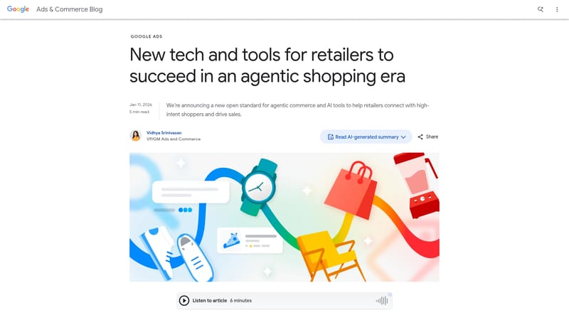 Captura de tela do artigo do Google sobre compras agentic e Universal Commerce Protocol