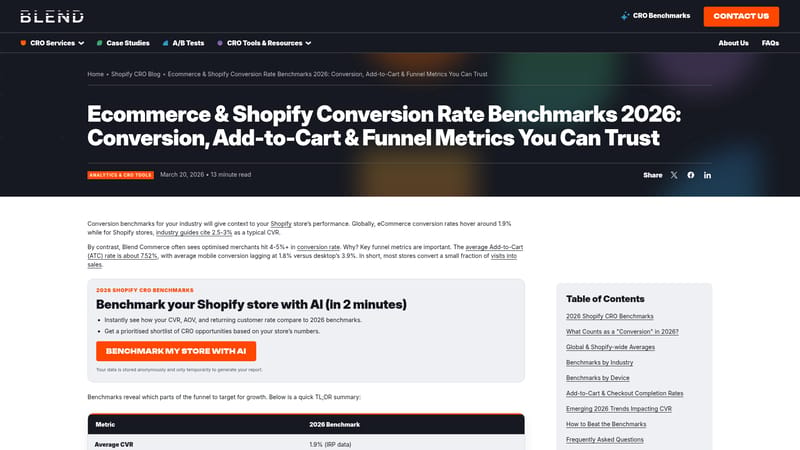Screenshot of Blend Commerce benchmark content for Shopify CRO