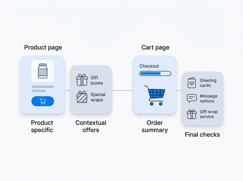 Where should gift upsells appear in the customer journey?