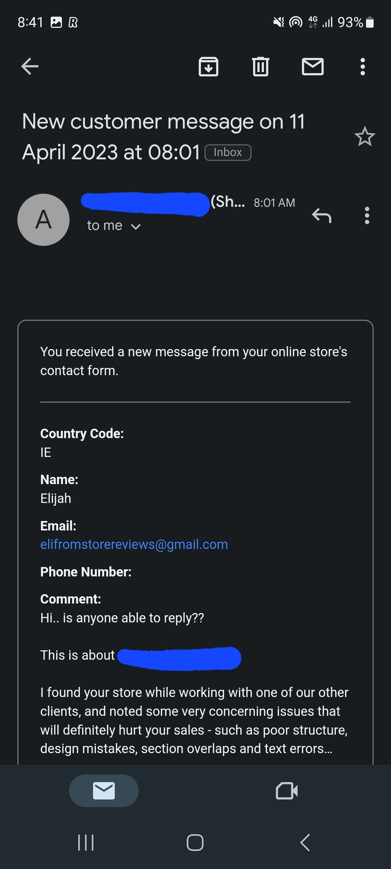 Example of spam messages received through a Shopify contact form