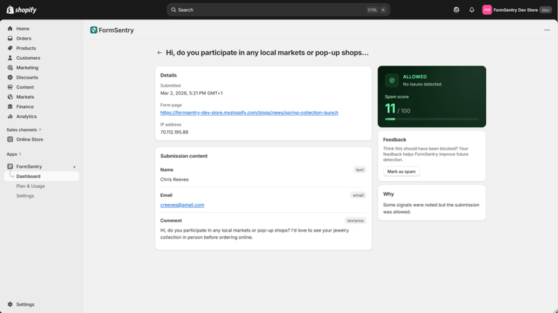 Example of a Shopify contact form spam filtering dashboard