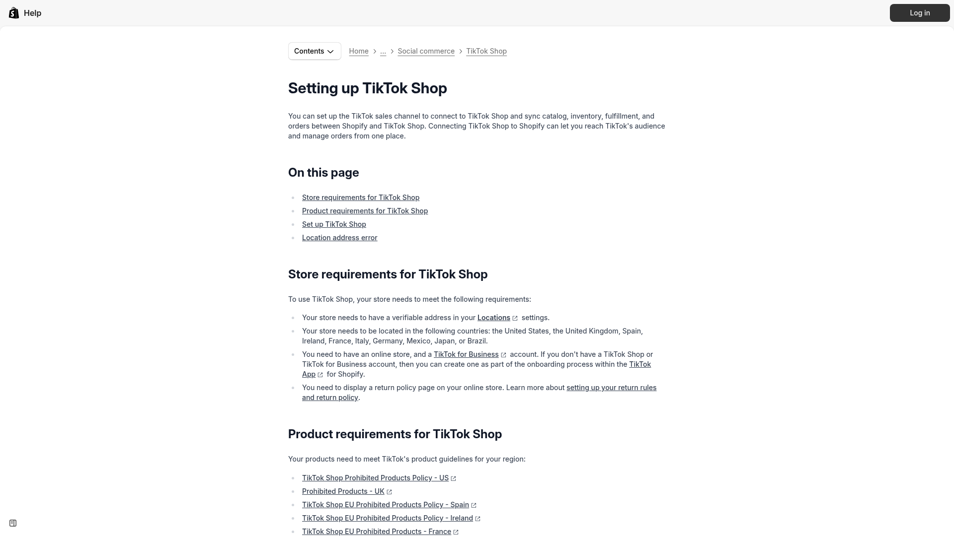 Capture d’écran de l’aide Shopify pour la configuration de TikTok Shop