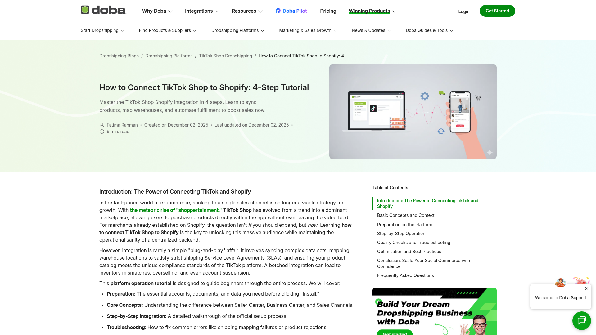 Capture d’écran Doba montrant un tutoriel d’intégration TikTok Shop Shopify