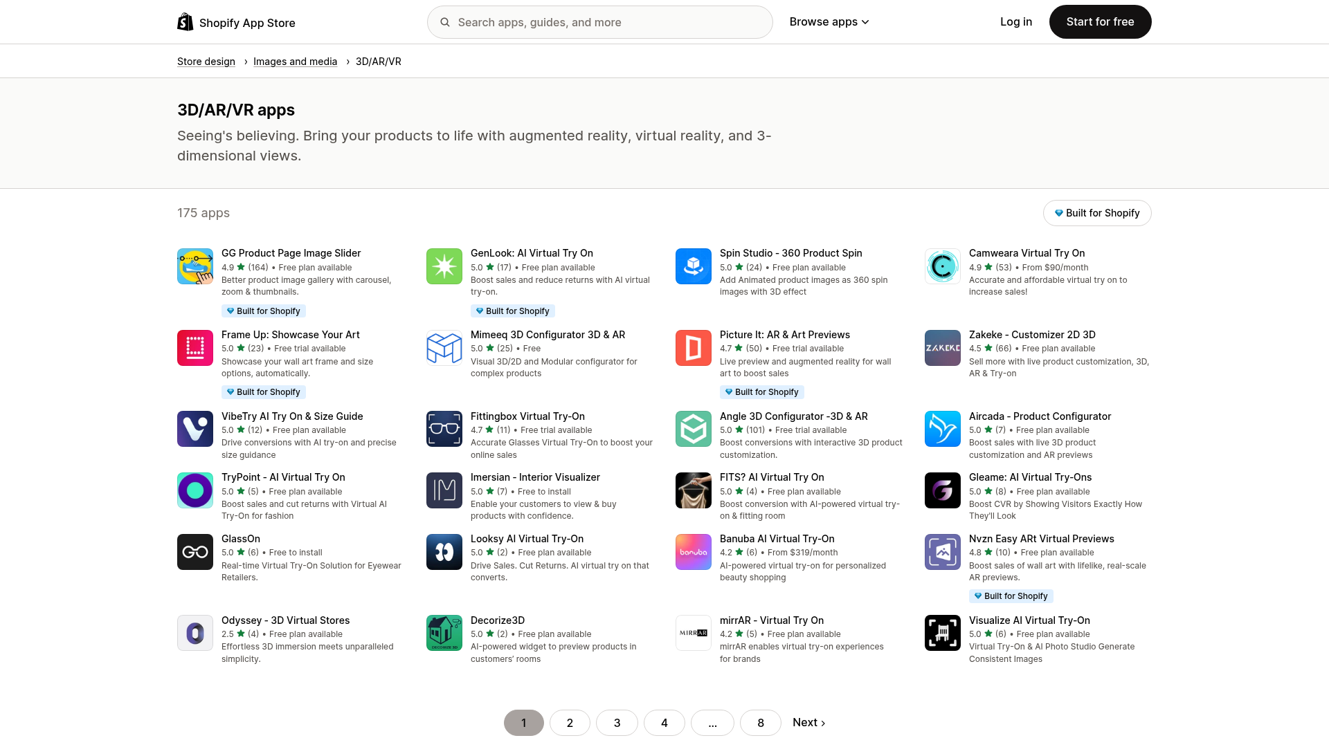 Screenshot della categoria app Shopify 3D AR VR