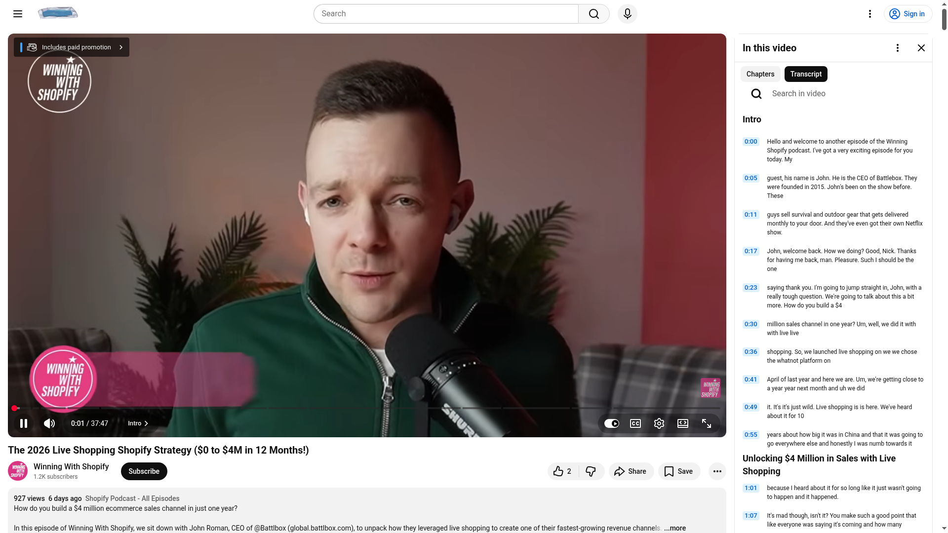 Video de YouTube sobre estrategia de live shopping en Shopify