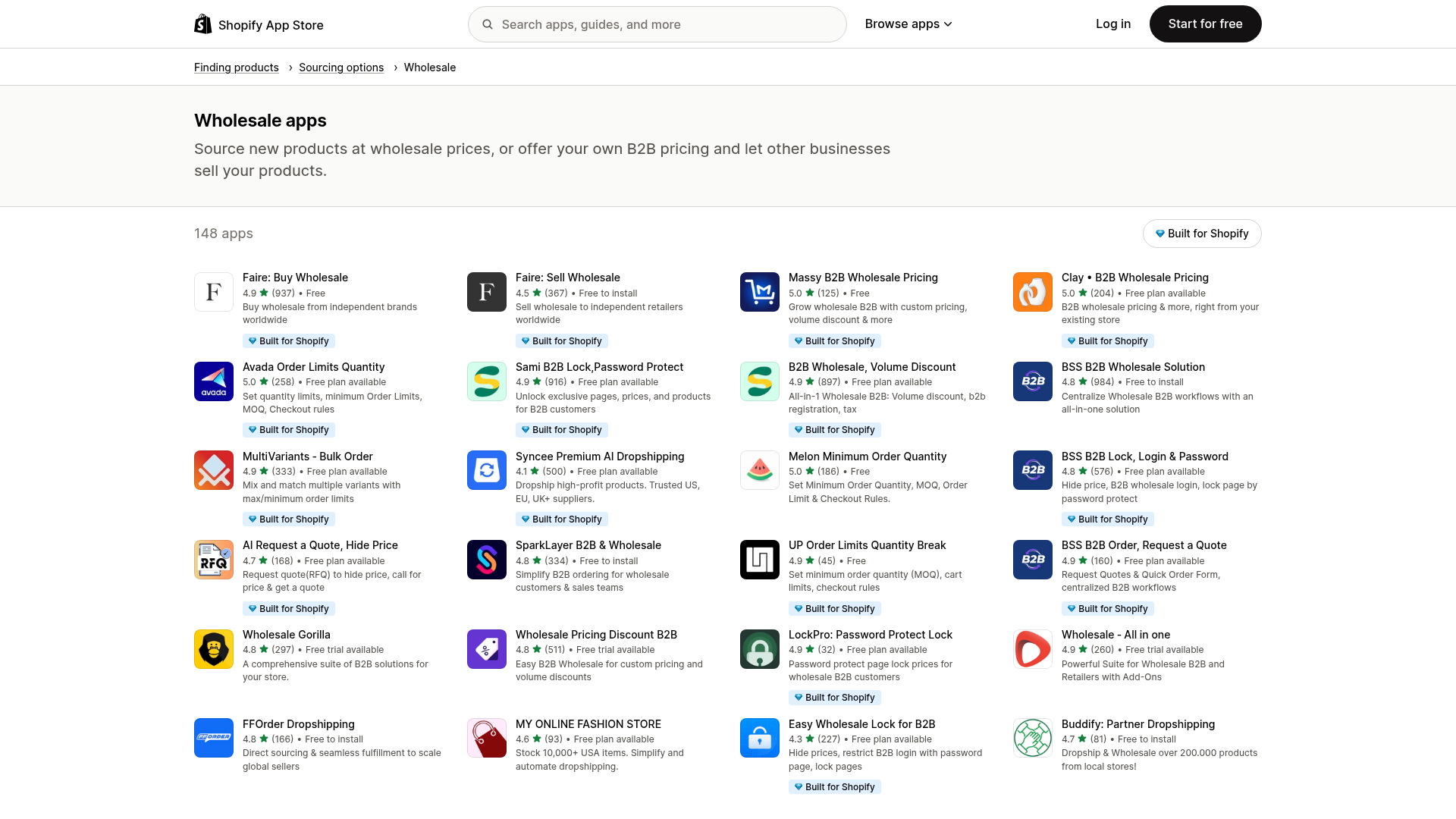 Screenshot der Shopify-Großhandels-App-Kategorie