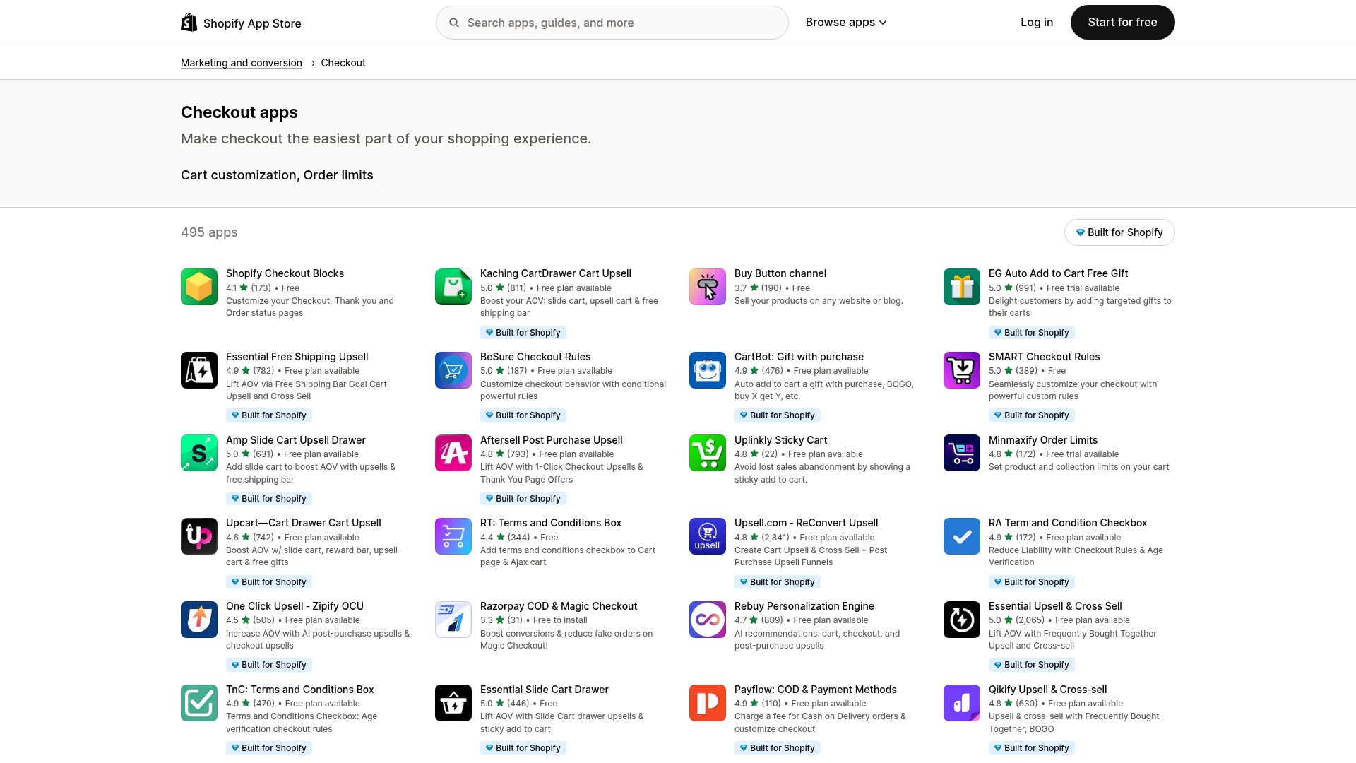 Shopify App Store checkout apps category screenshot