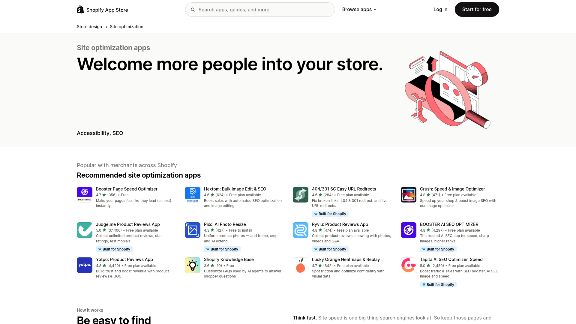 Captura de pantalla de la categoría de optimización del sitio en Shopify App Store