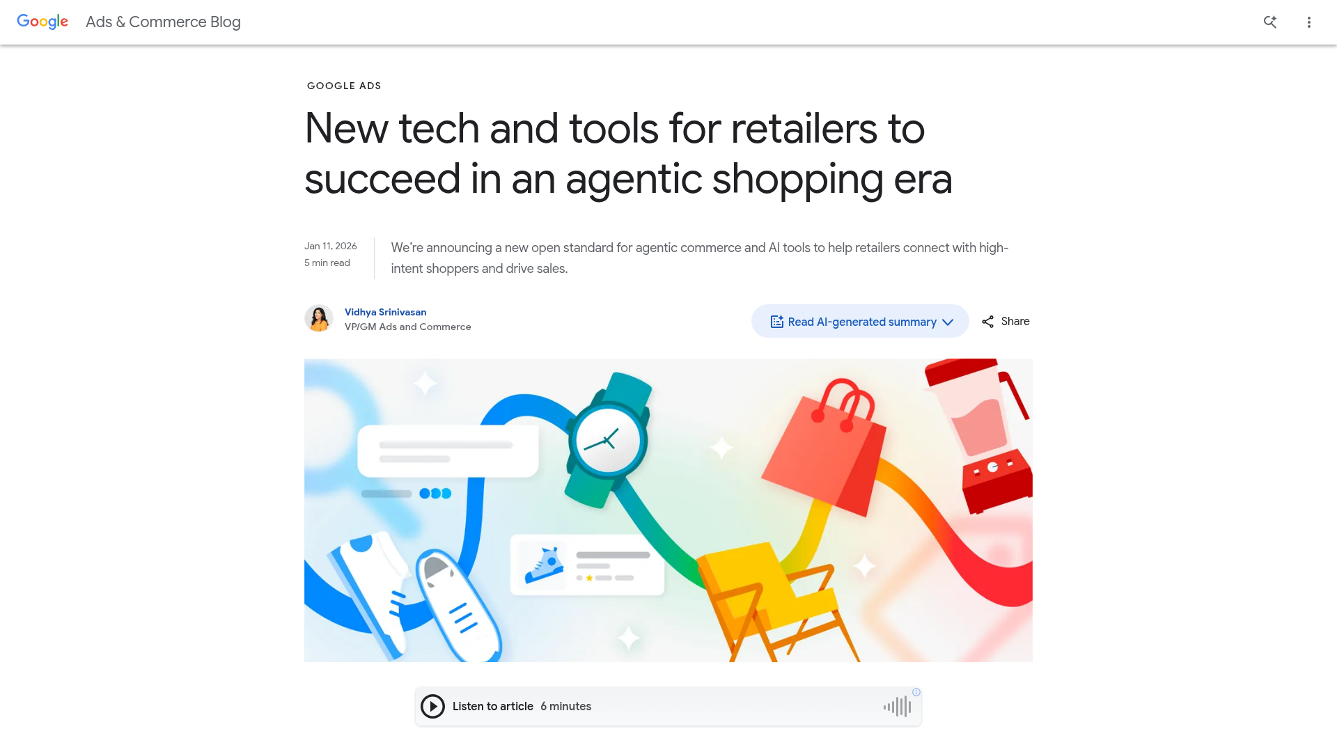 Screenshot van Google's artikel over agentic shopping en Universal Commerce Protocol