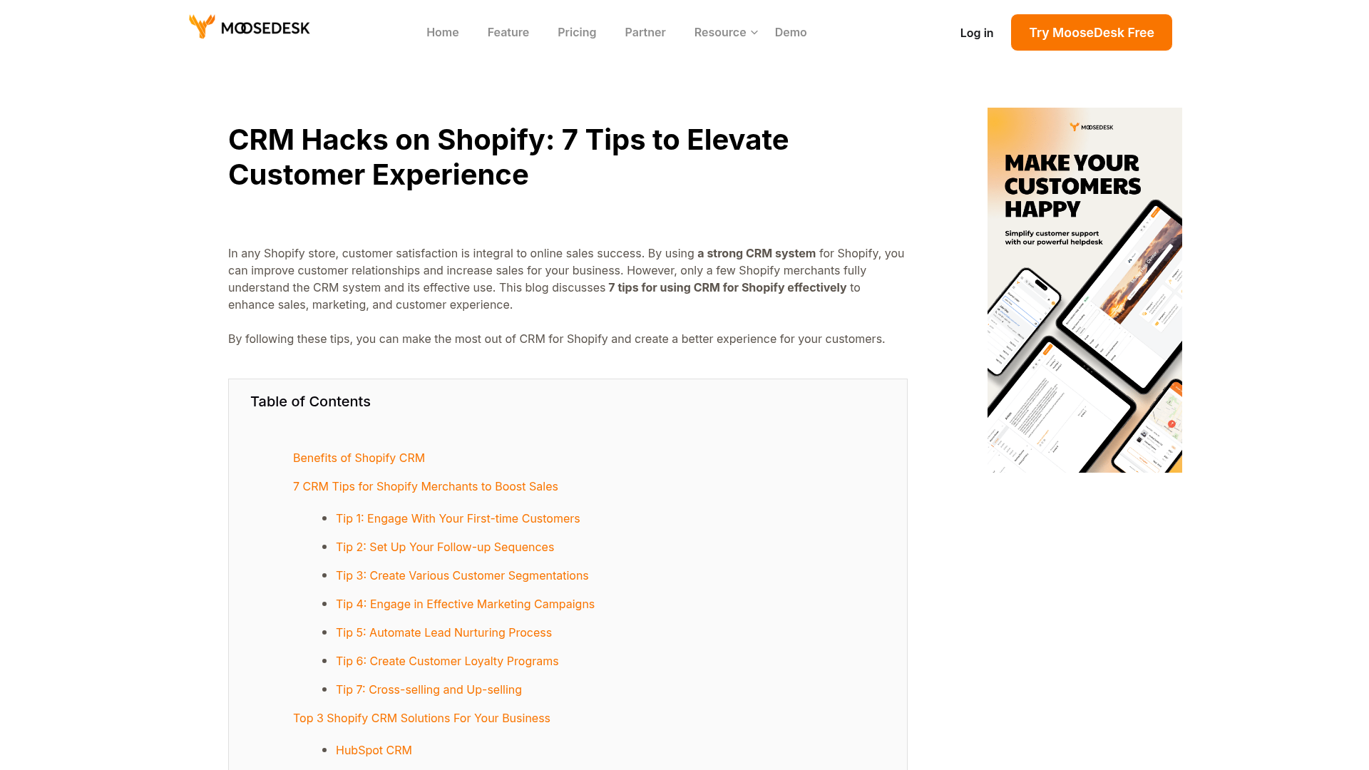 Screenshot van CRM-artikel over Shopify-klantervaring