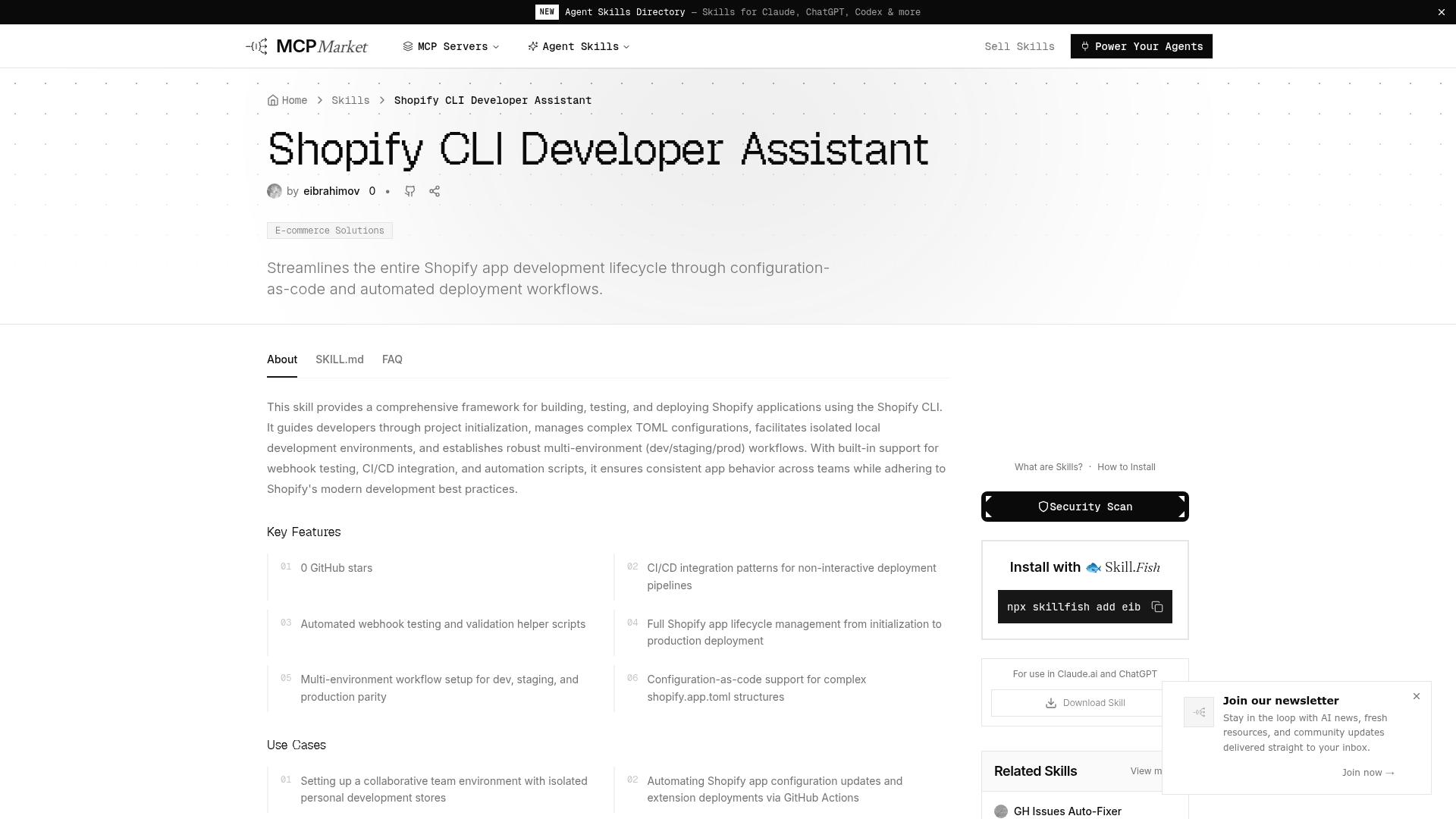Captura de tela da listagem do assistente de desenvolvedor Shopify CLI