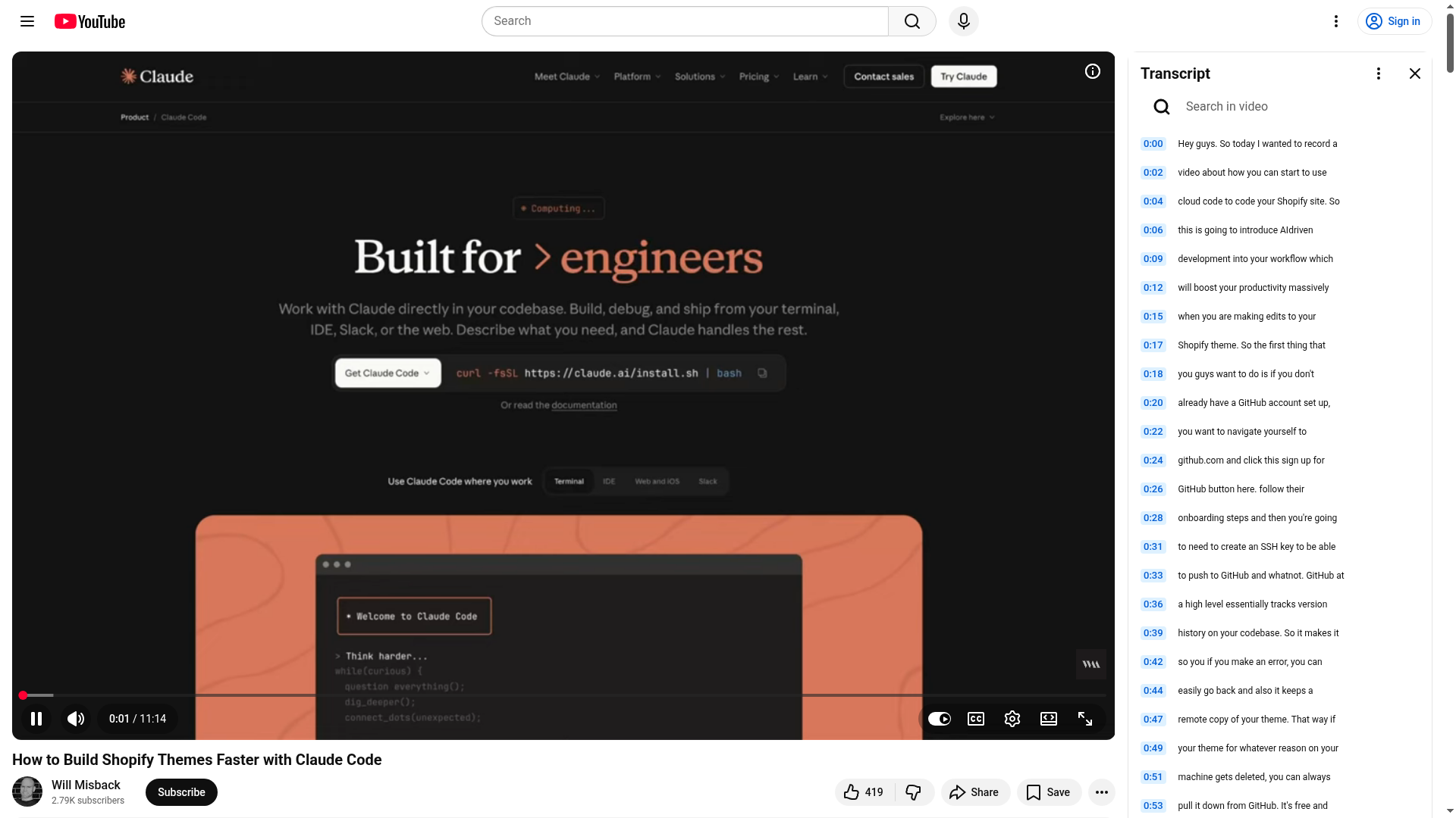 Tutorial YouTube che mostra lo sviluppo di temi Shopify con Claude Code