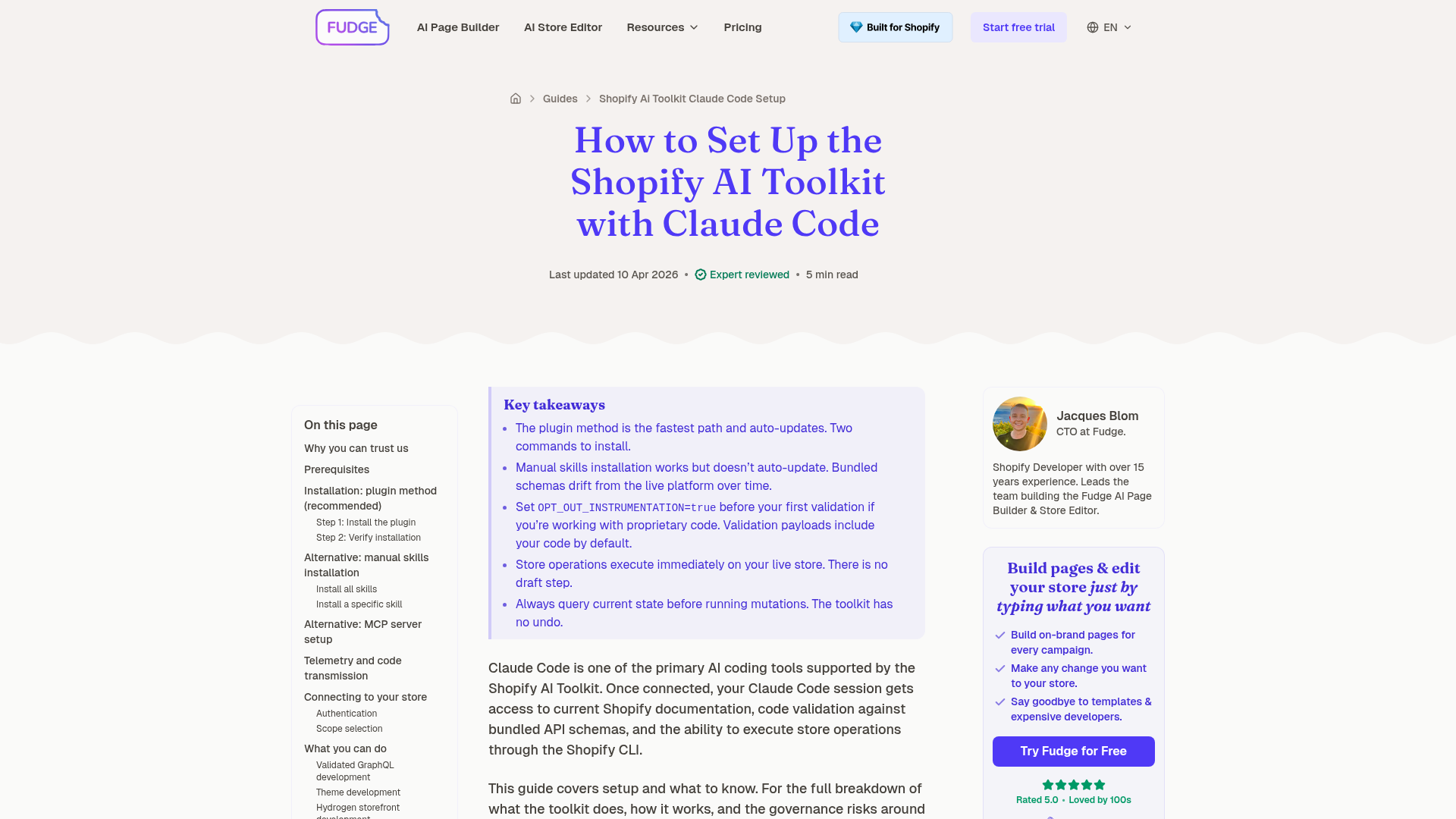 Screenshot della guida Fudge che mostra Shopify AI Toolkit con Claude Code