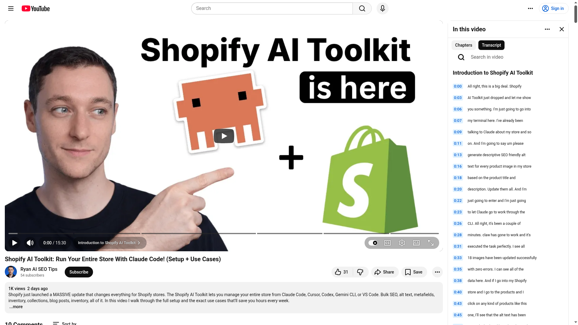 Screenshot of YouTube video about Shopify AI Toolkit and Claude Code