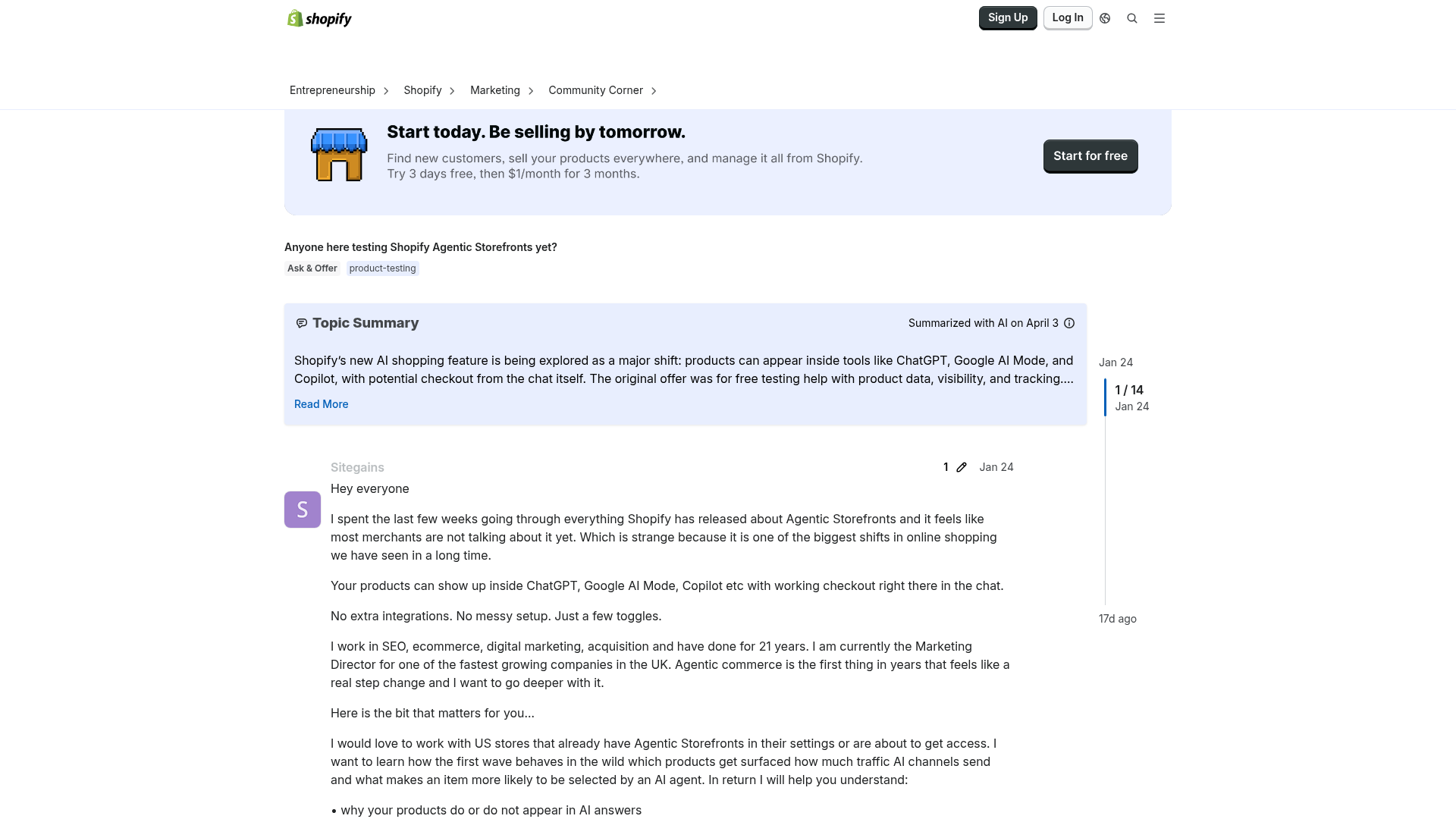 Captura de pantalla de una discusión en Shopify Community sobre pruebas de storefronts agénticos