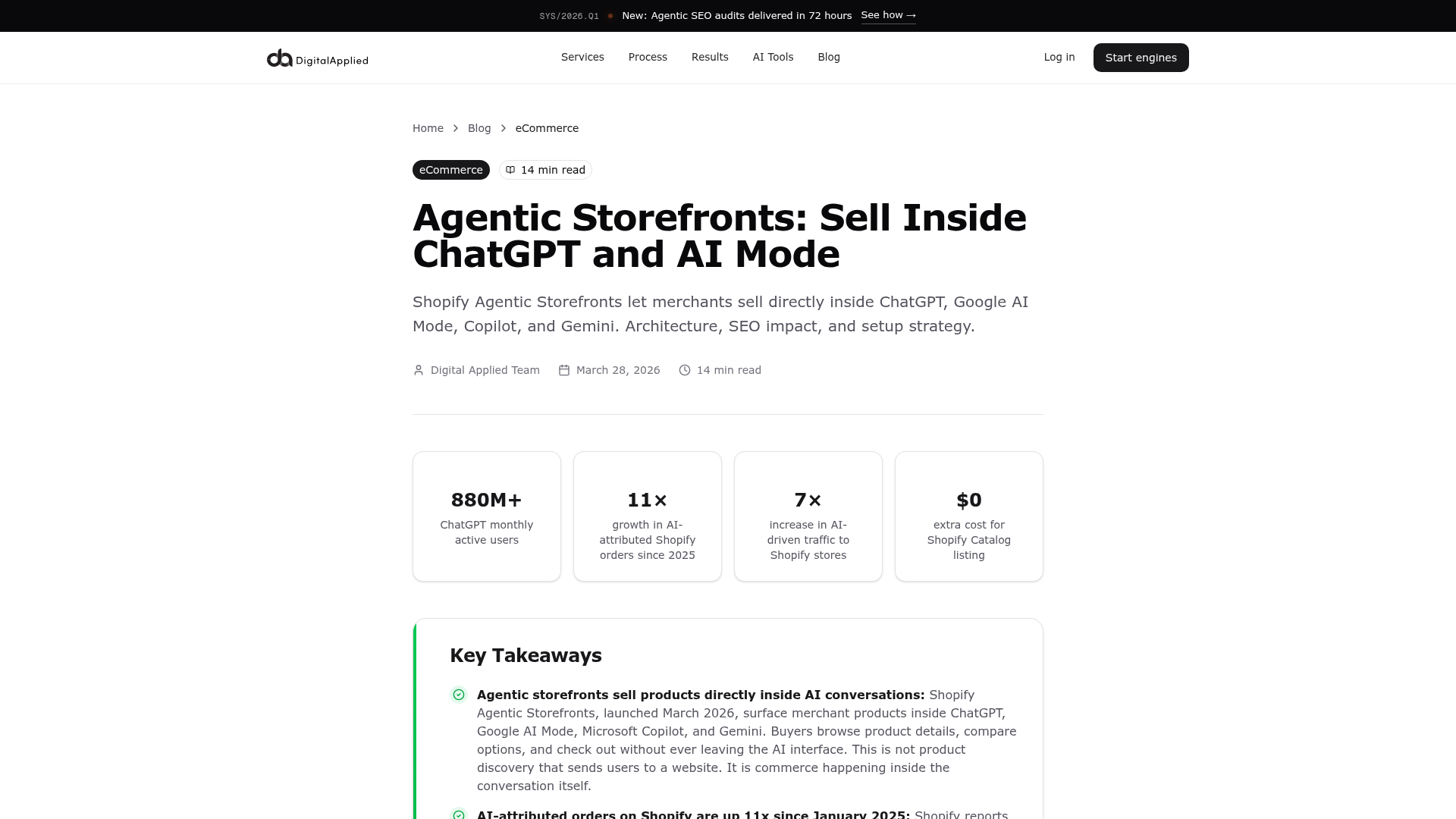 Captura de pantalla del artículo de Digital Applied sobre storefronts agénticos