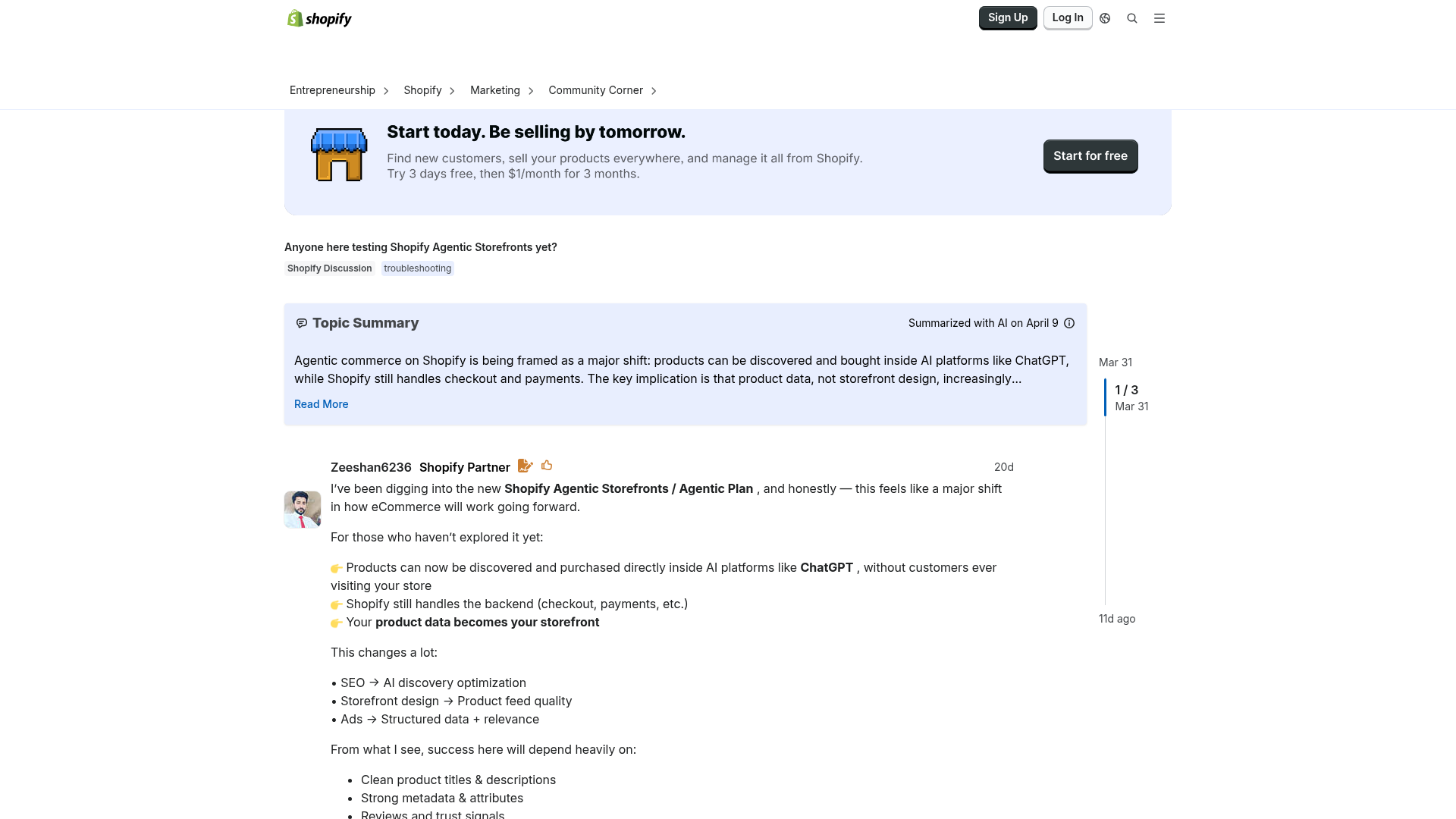 Captura de pantalla de una discusión en Shopify Community sobre storefronts agénticos y vacíos de analítica