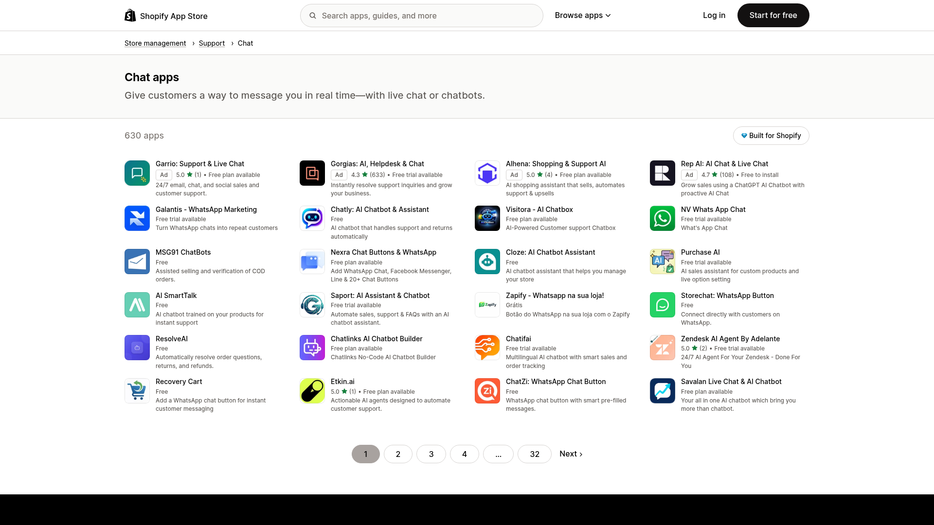 Screenshot der Kategorie Chat-Apps im Shopify App Store