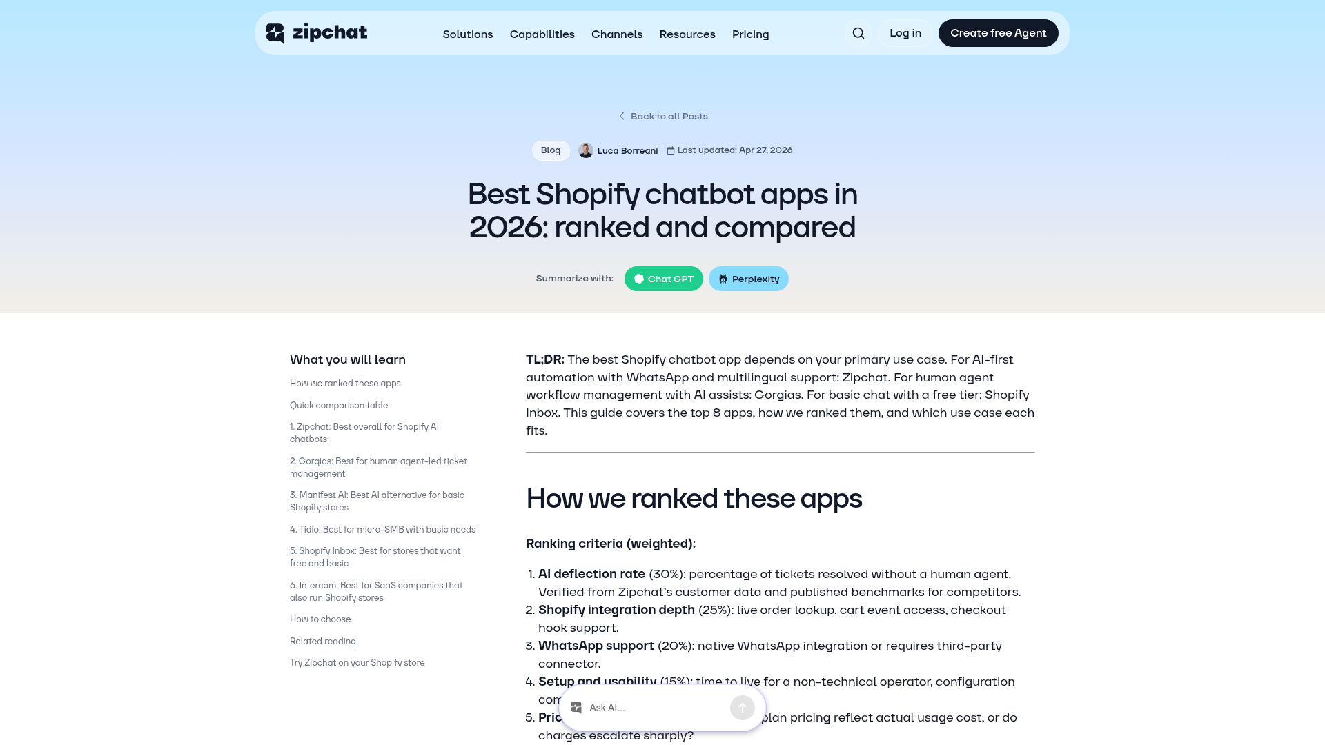Screenshot eines Shopify-Chatbot-Vergleichsartikels
