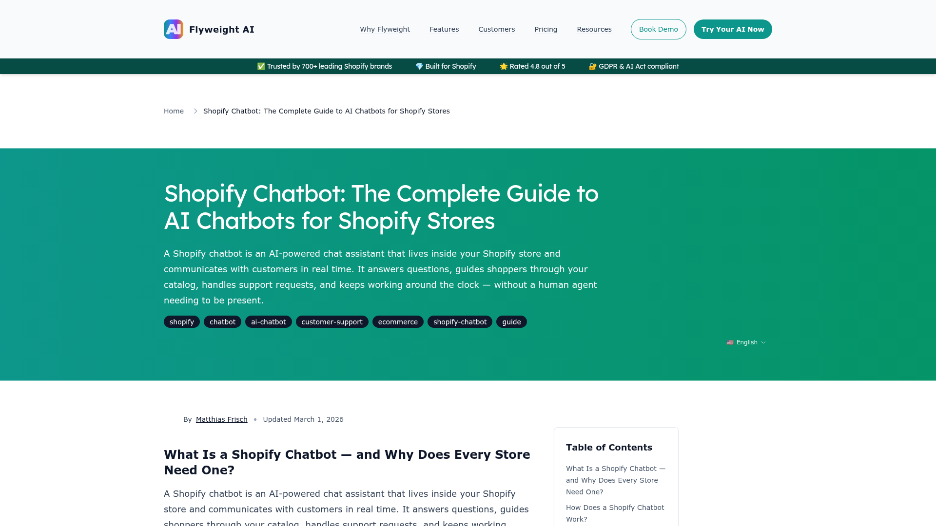 Flyweight Shopify chatbot guide screenshot