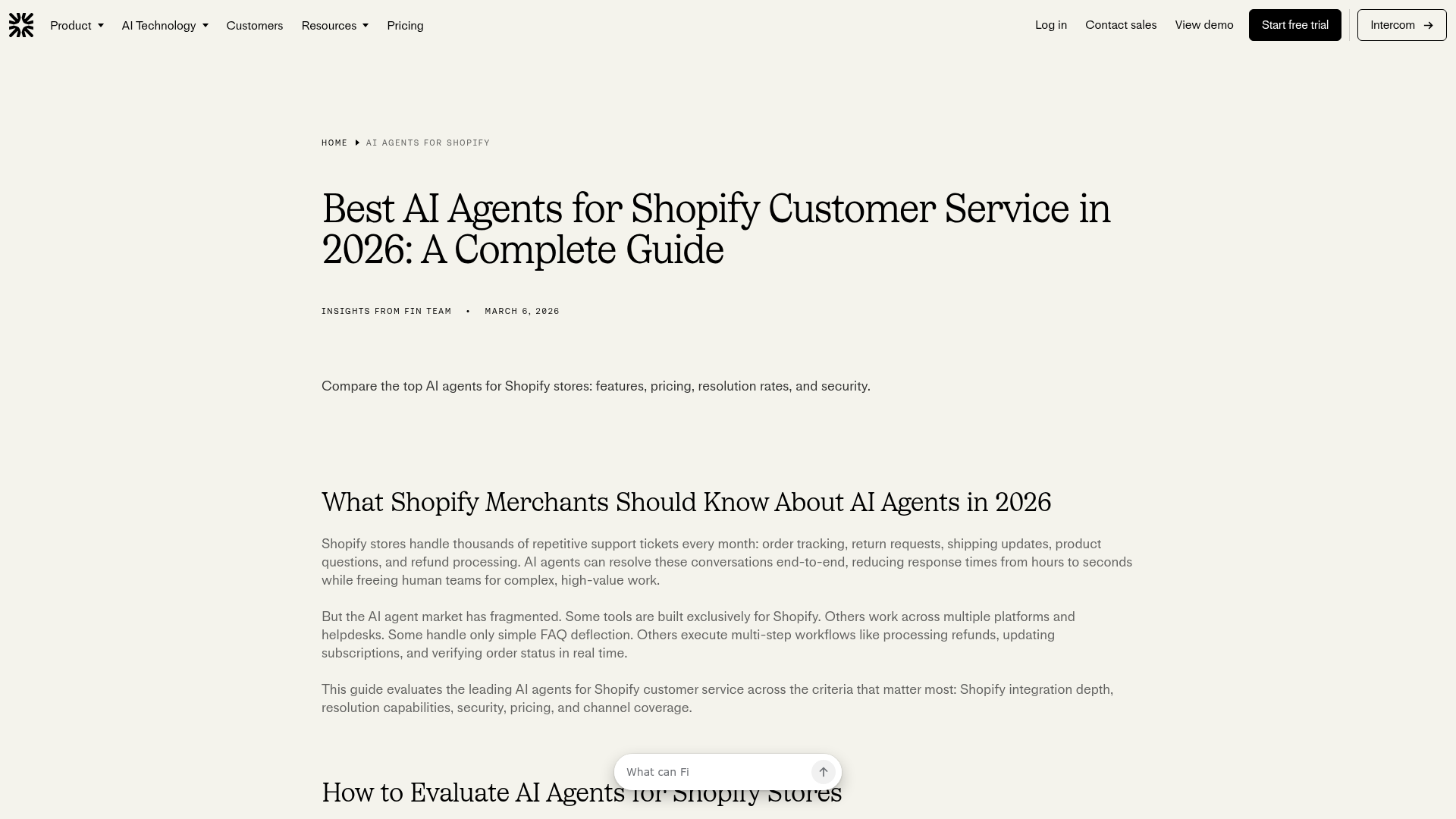 Fin AI Shopify support agent screenshot