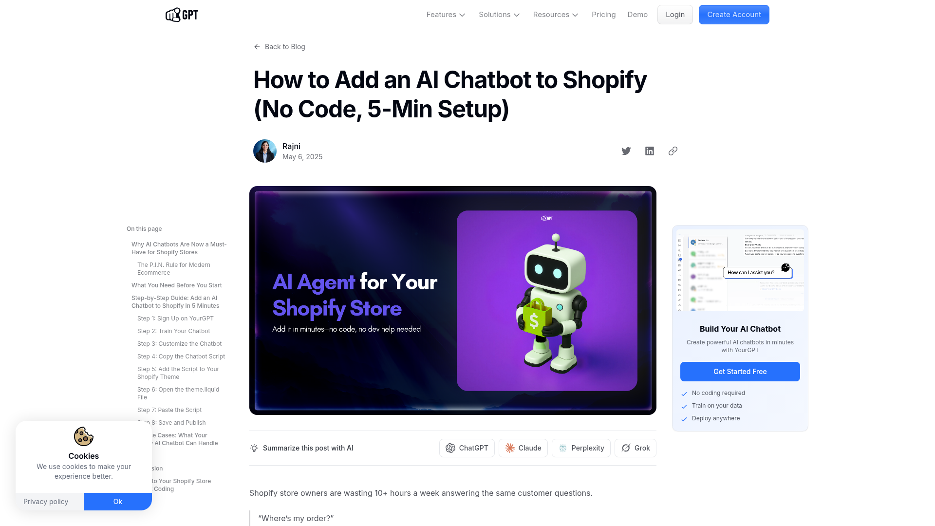 Screenshot showing Shopify chatbot setup example
