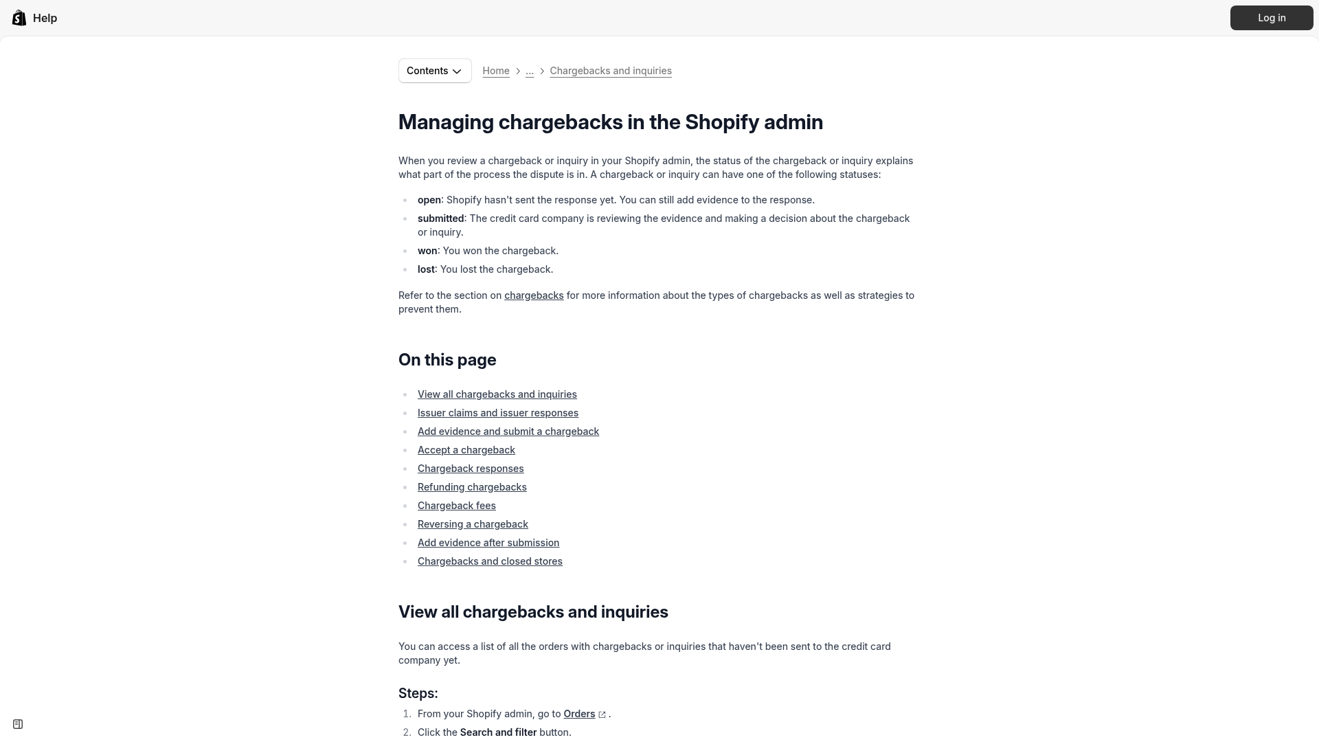 Écran de gestion des rétrofacturations dans l’admin Shopify