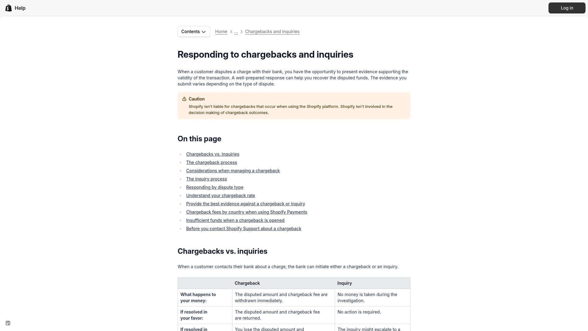 Documentation d’aide Shopify pour répondre aux rétrofacturations