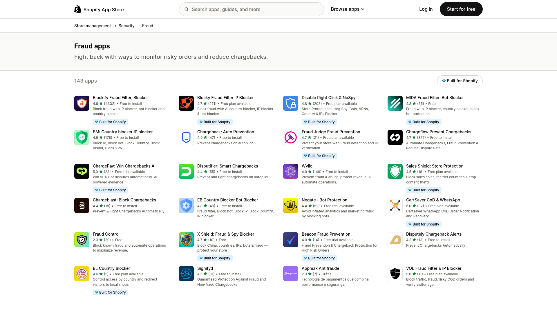 Screenshot della categoria app antifrode dello Shopify App Store