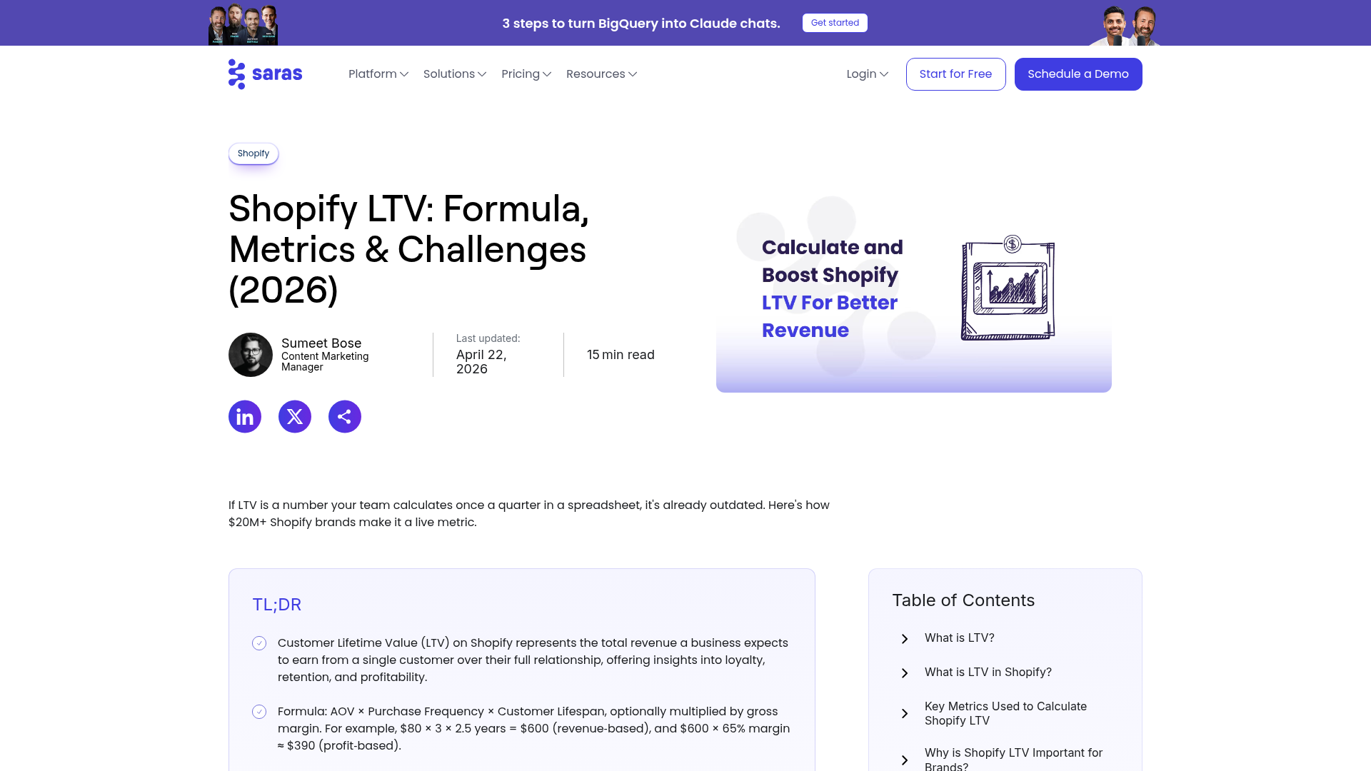 Screenshot of Saras Analytics Shopify LTV article