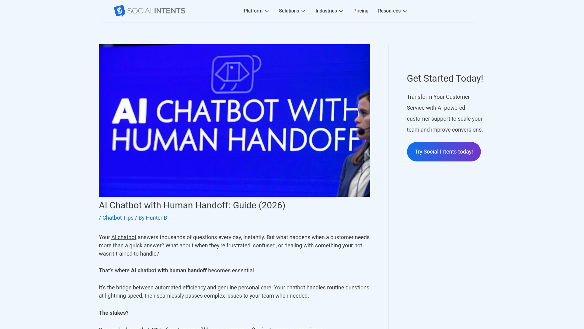 Captura de pantalla de un chatbot de IA con flujo de transferencia a humano