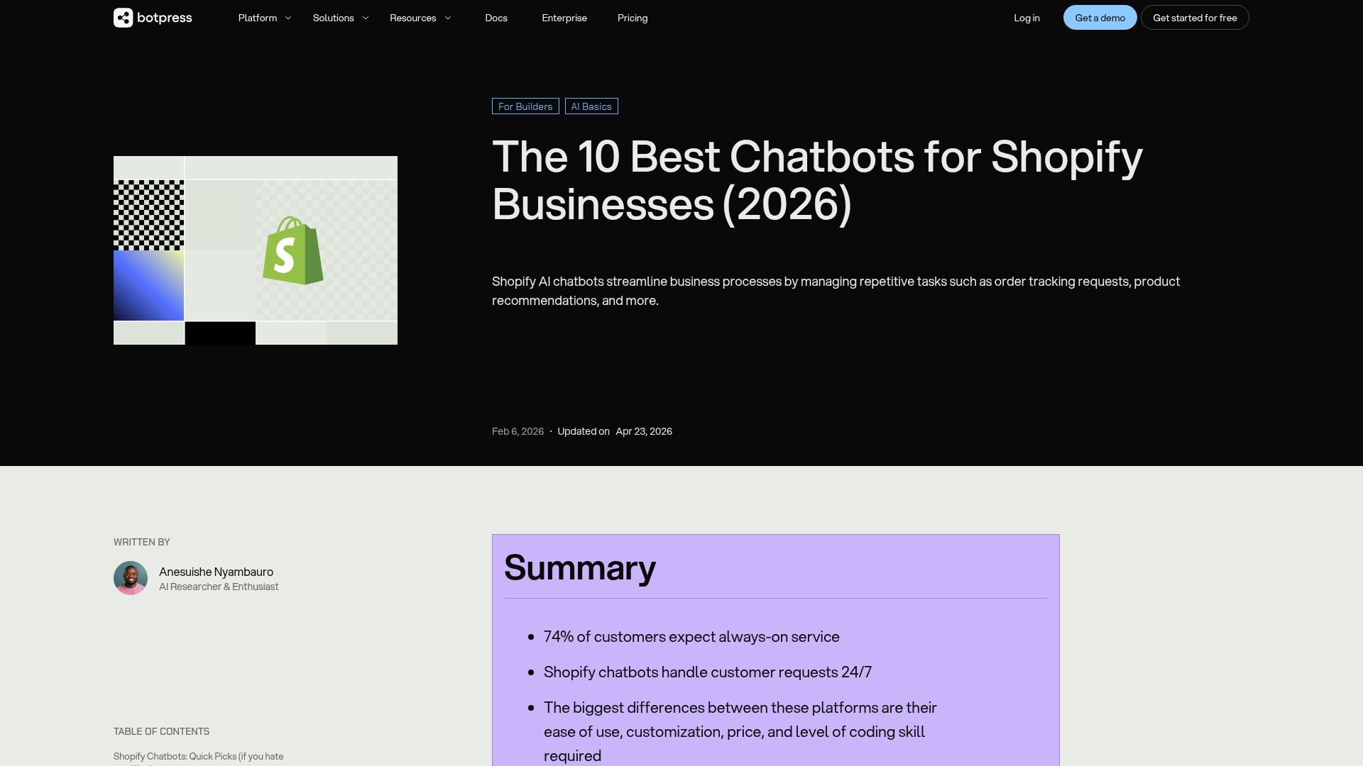 Captura de pantalla del artículo de Botpress sobre Shopify chatbot