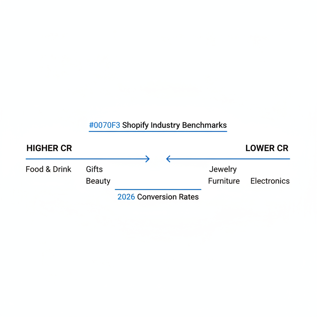 ¿Como varian los puntos de referencia de la tasa de conversion de Shopify por industria en 2026?
