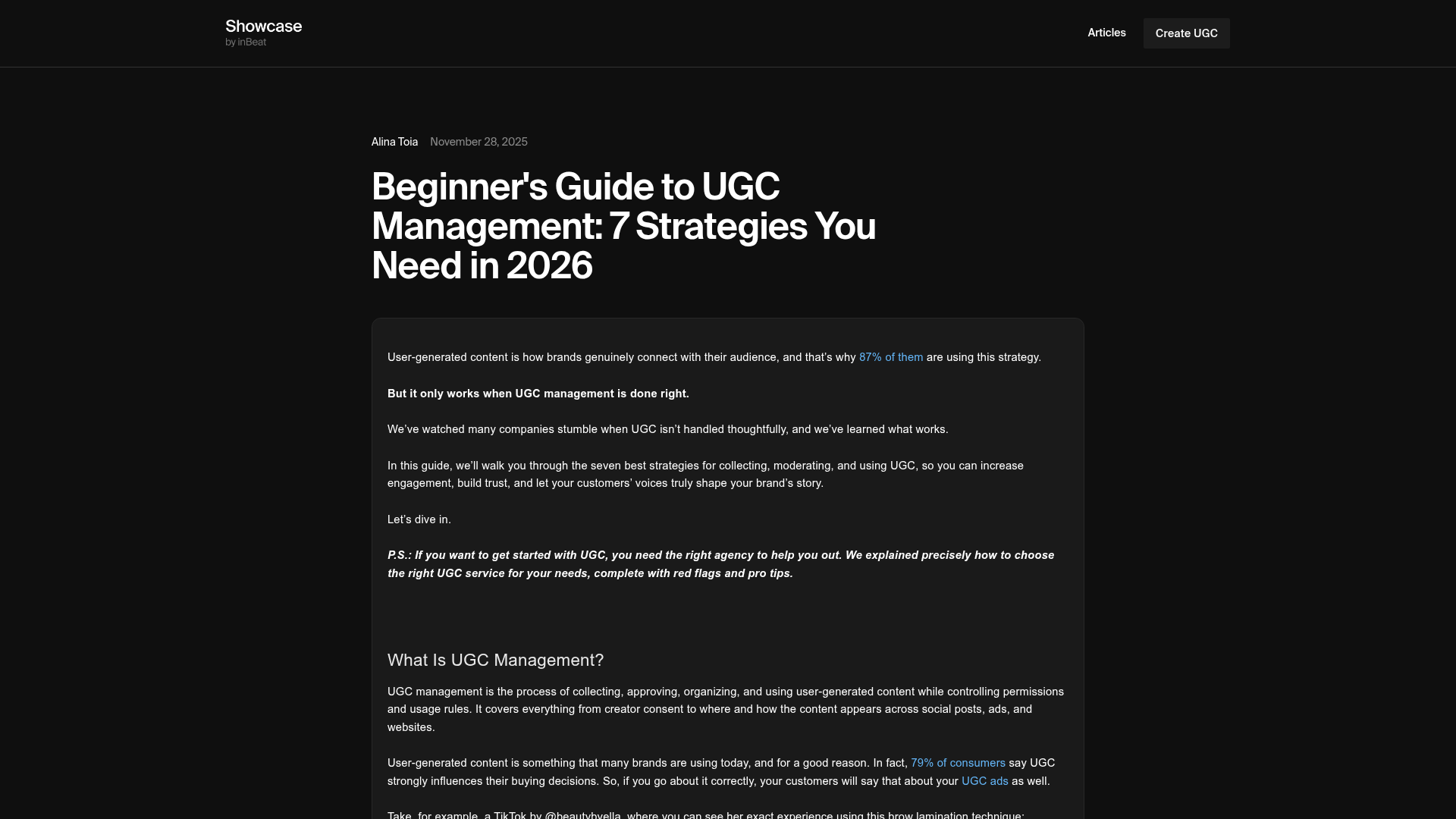 Screenshot di una pagina sulla strategia di gestione UGC