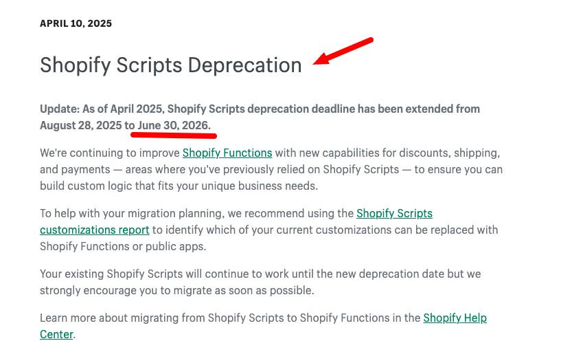 Aviso de encerramento do Shopify Scripts em 30 de junho de 2026