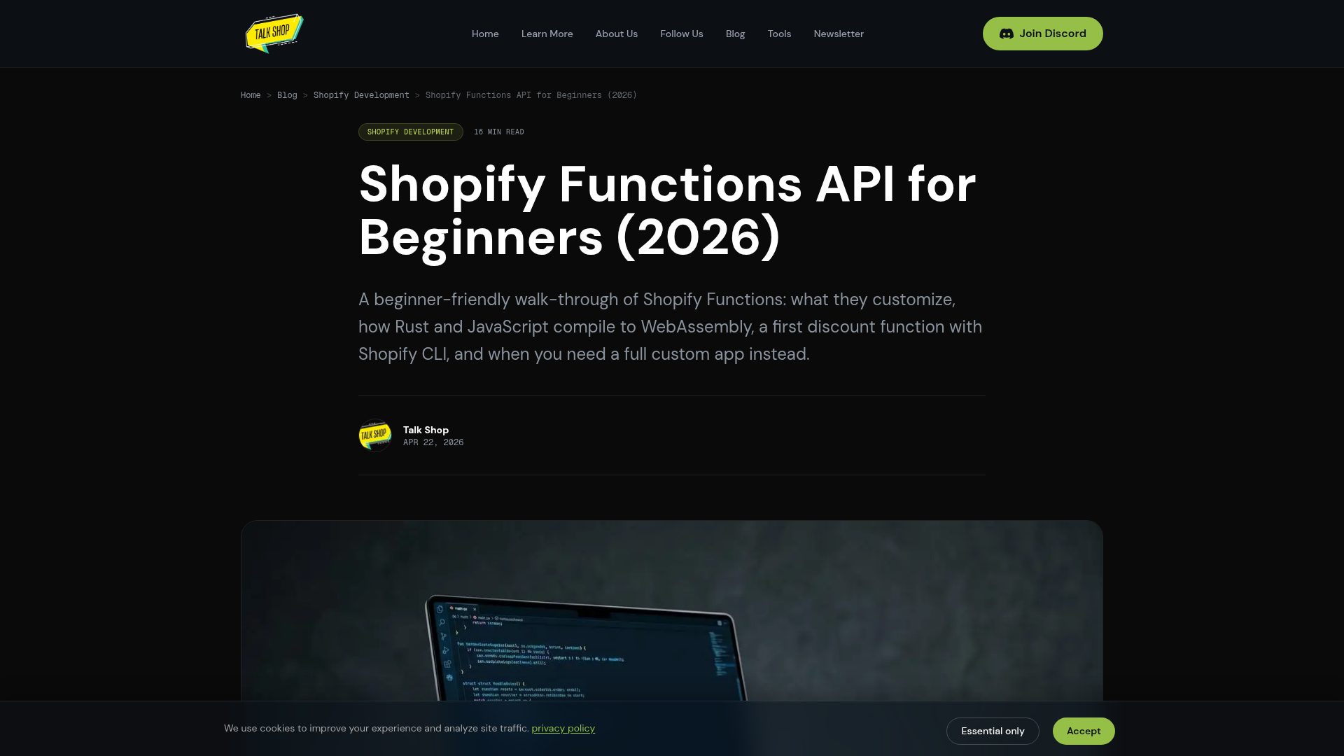 Captura de tela do guia para iniciantes do Shopify Functions