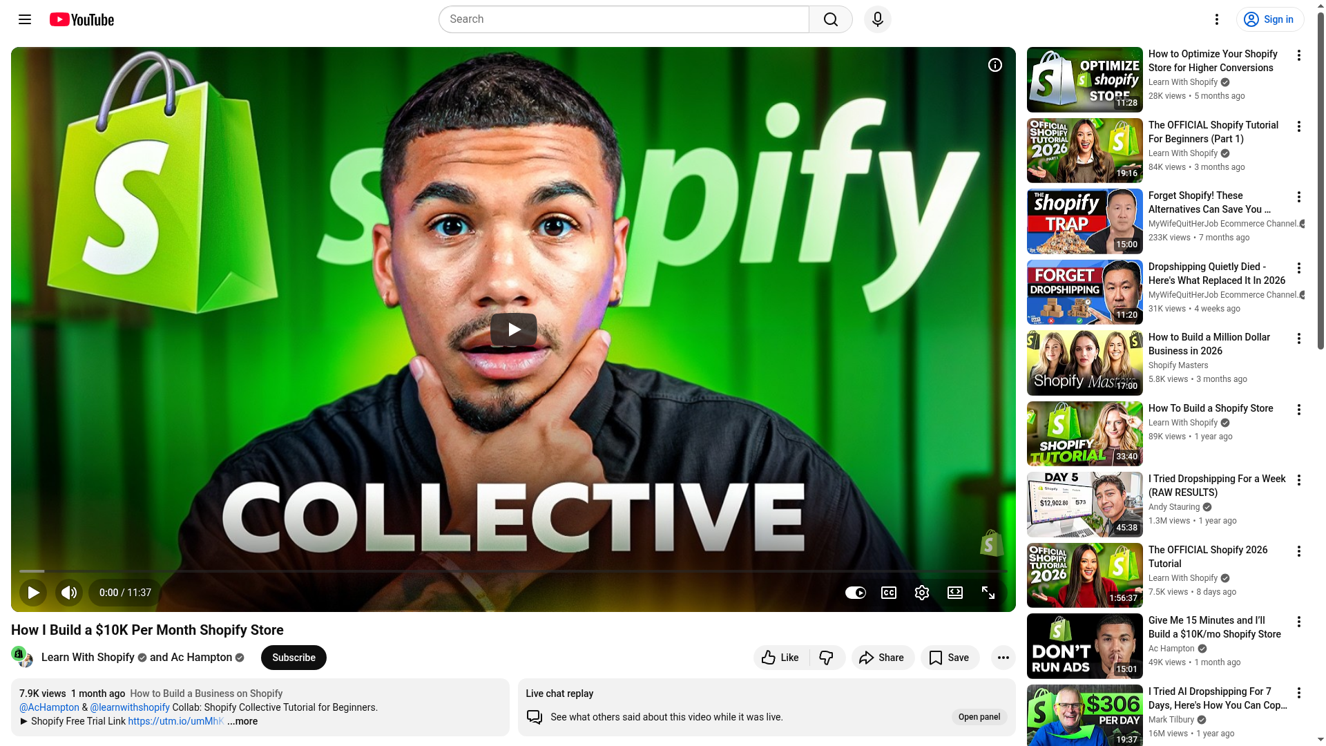 关于打造月入 10K 的 Shopify 店铺的 YouTube 截图