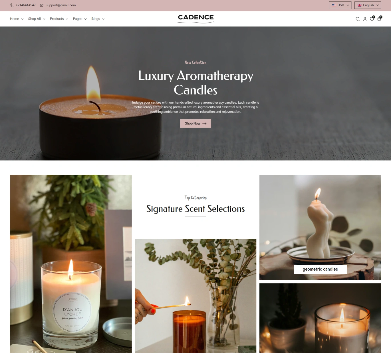 Beispiel für ein Shopify-Kerzen-Theme für Kerzenmarken