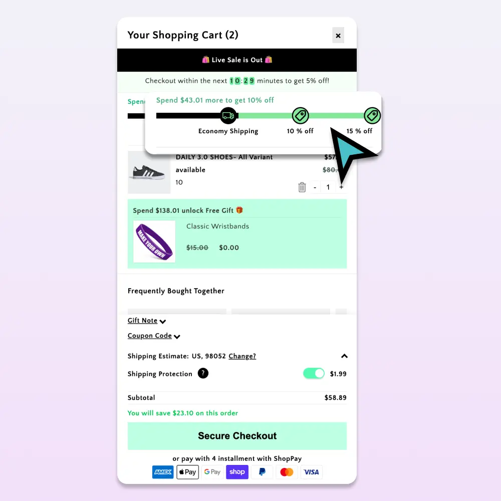 Voorbeeld van upsells in de checkout en een voortgangsbalk voor beloningen