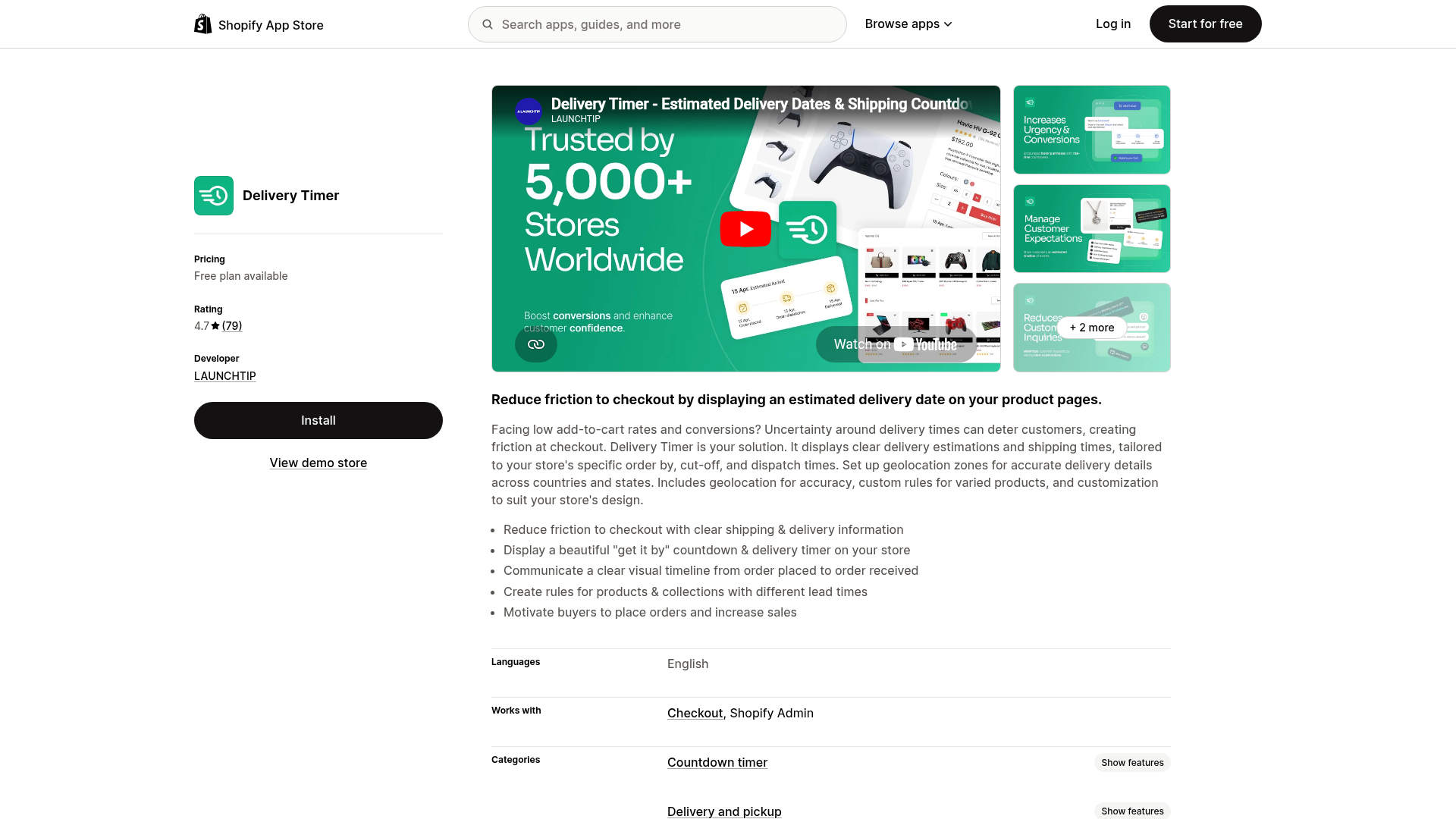 与配送计时器应用相关的 Shopify App Store 截图
