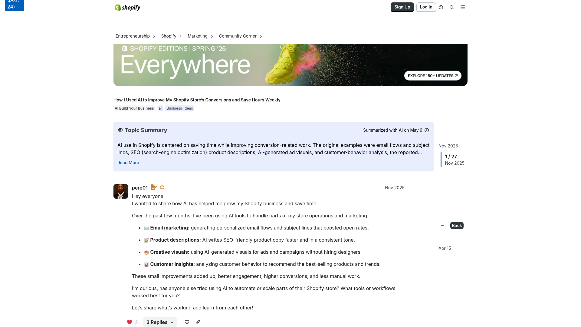 Screenshot of Shopify community discussion about AI improving store conversions