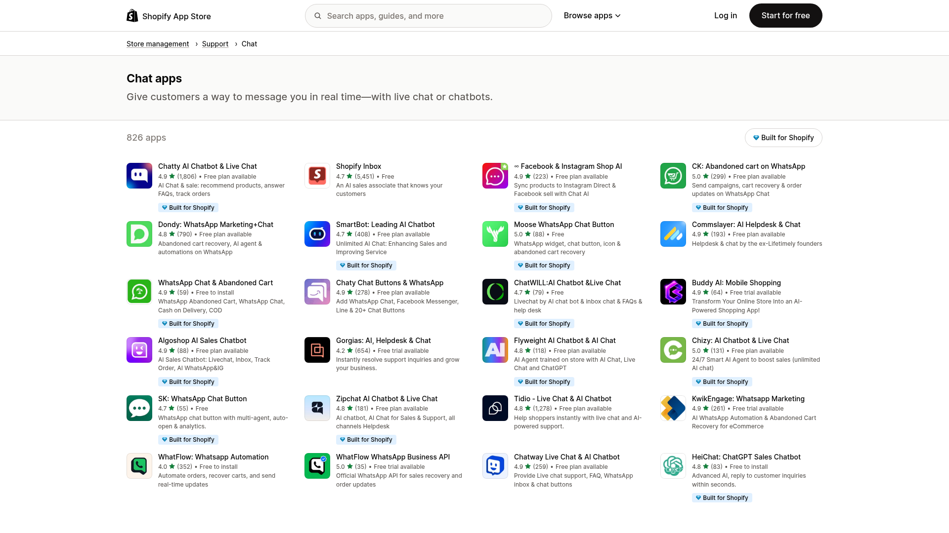 Screenshot of Shopify App Store chat apps category