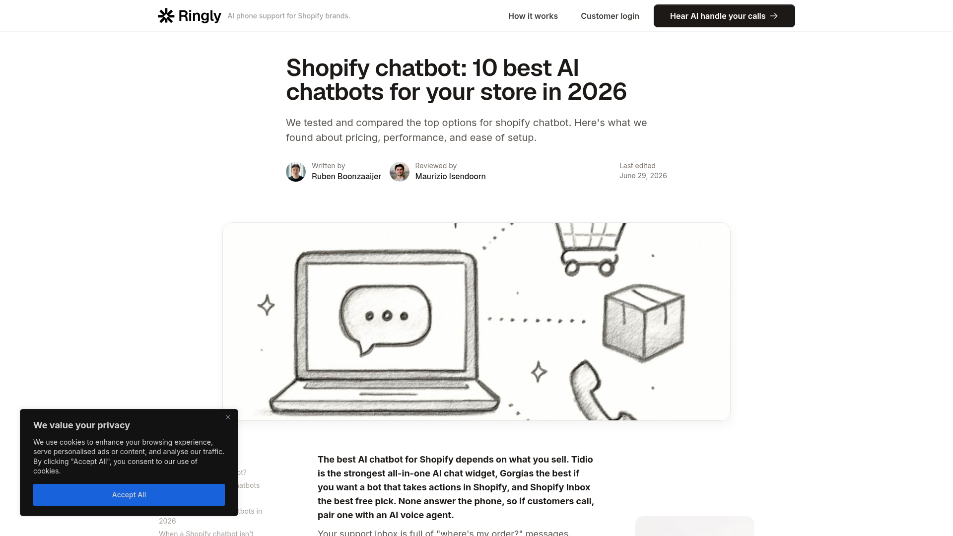 Screenshot of a competing Shopify chatbot roundup