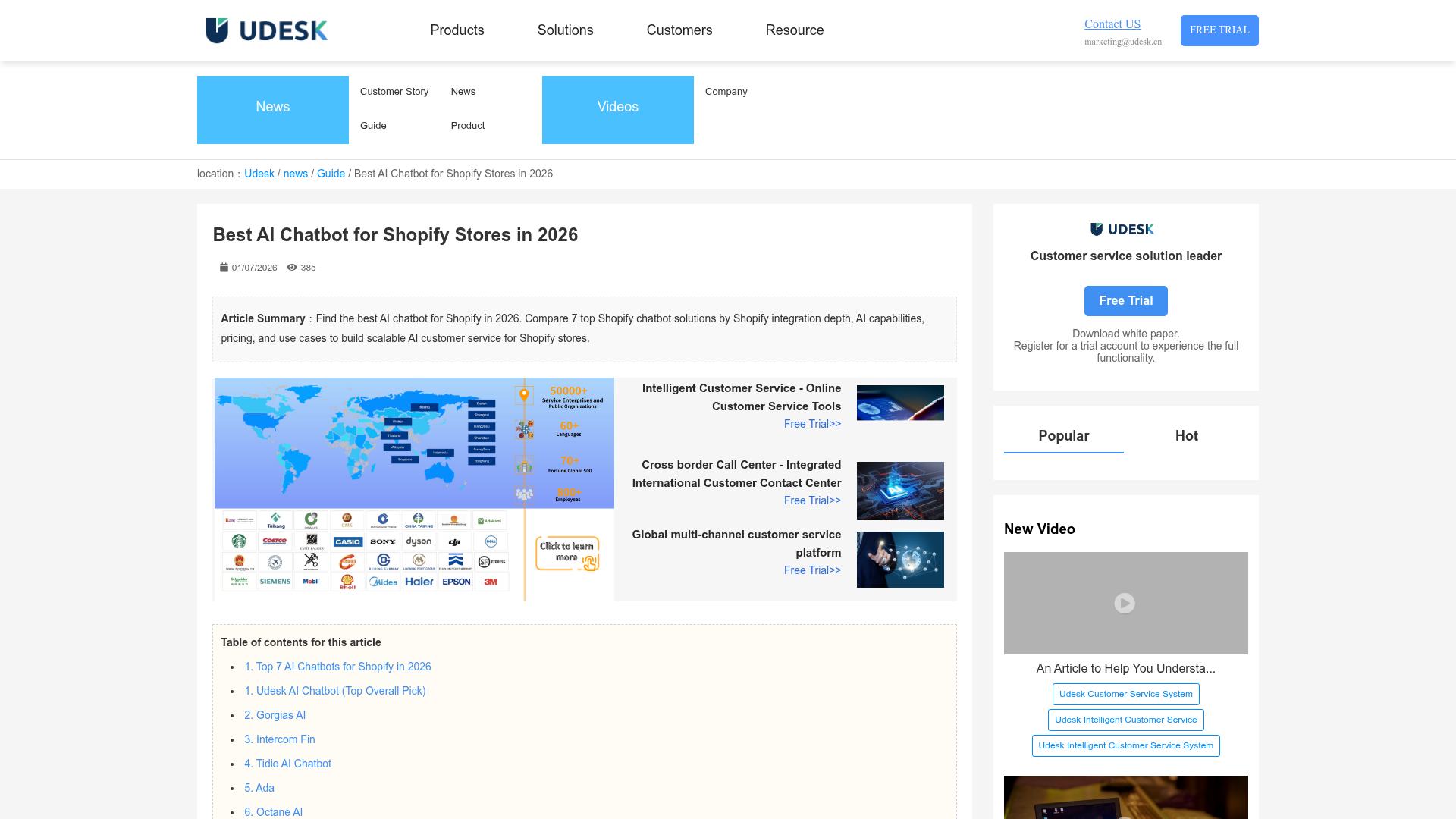 Screenshot of enterprise-focused Shopify chatbot comparison content