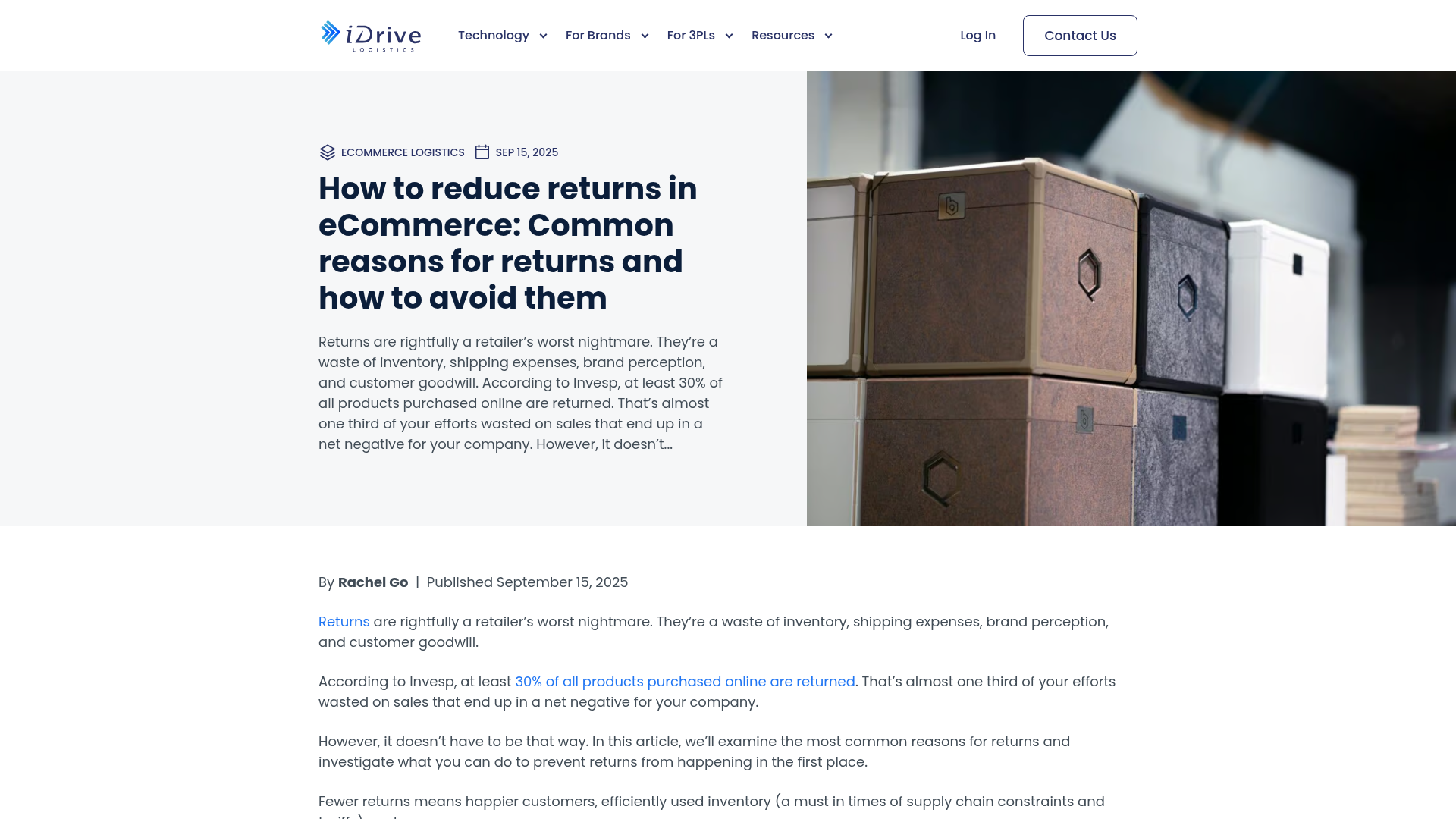 Screenshot of iDrive Logistics article about reducing returns in ecommerce